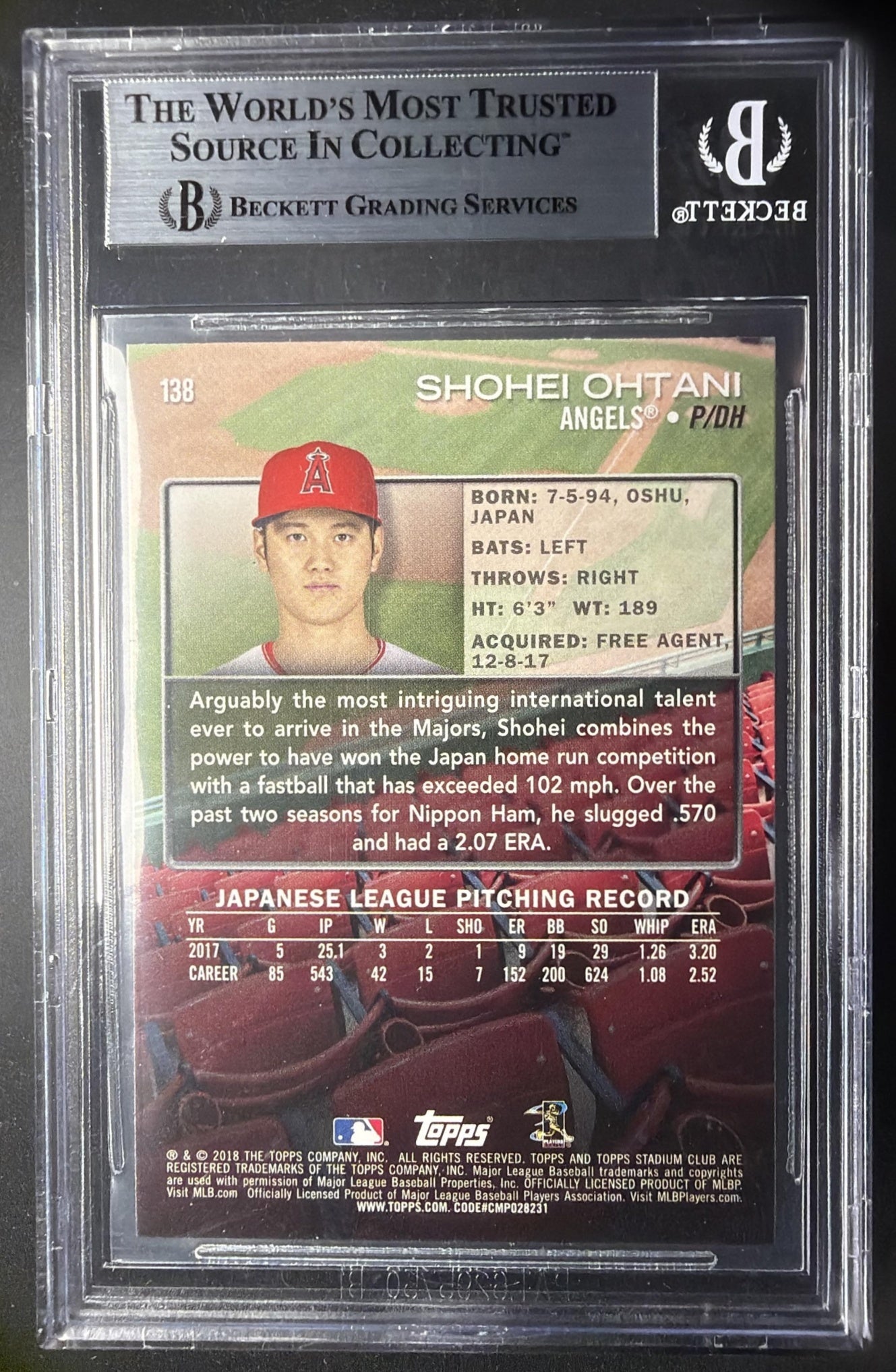 2018 Topps Stadium Club Shohei Ohtani #138 RC BGS 8.5