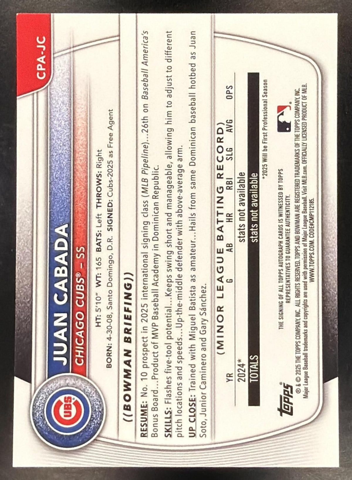 2025 Bowman Baseball Juan Cabada #CPA-JC 1st Green Lava Refractor 74/99