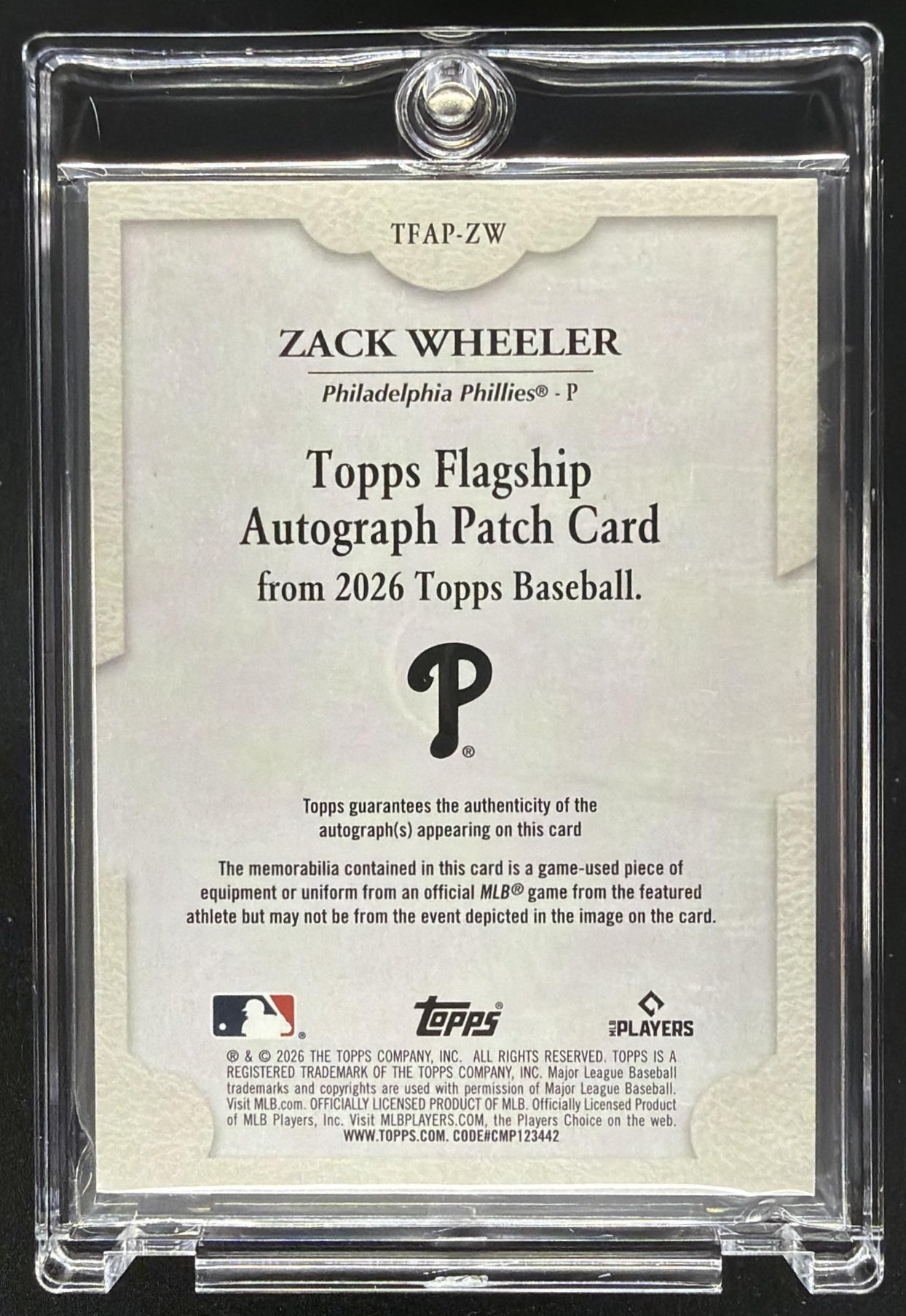 2026 Topps Series 2 Zack Wheeler #TFAP-ZW Auto Patch Red 4/5