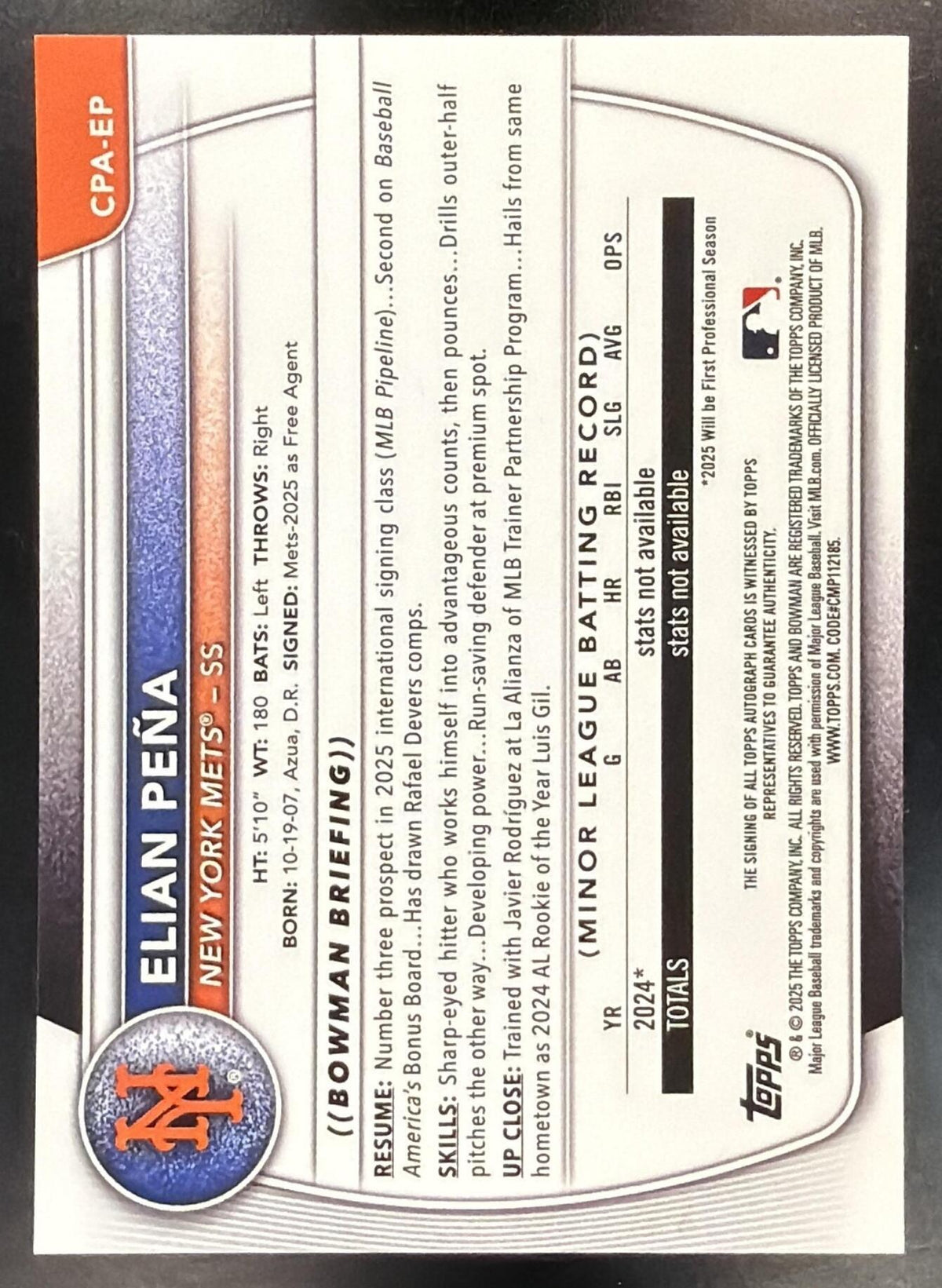 2025 Bowman Chrome Elian Pena #CPA-EP Auto 1st Prospect Mets