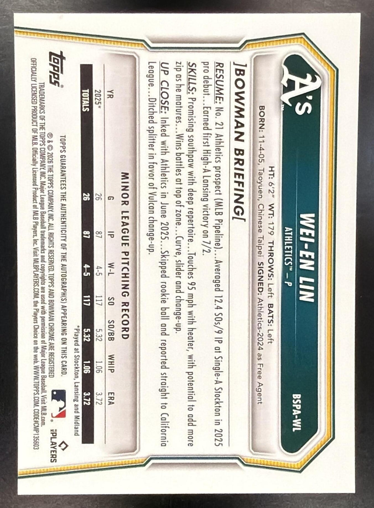 2026 Bowman Sapphire Wei-En Lin #BSPA-WL Chrome Auto Green Refractor /99 1st Prospect