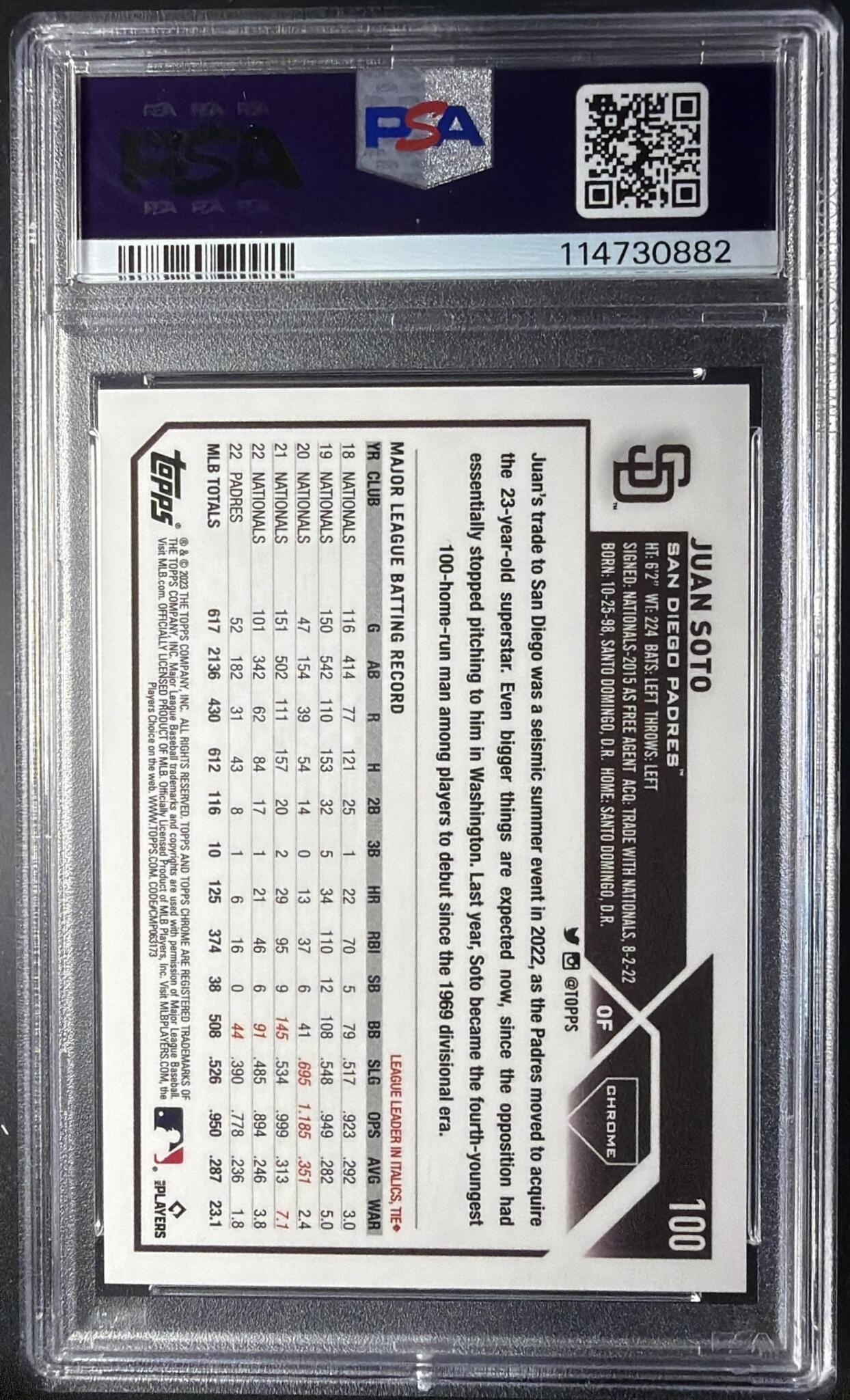2023 Topps Chrome Juan Soto #100 Image Variation Green Speckle Refractor /99 PSA 10