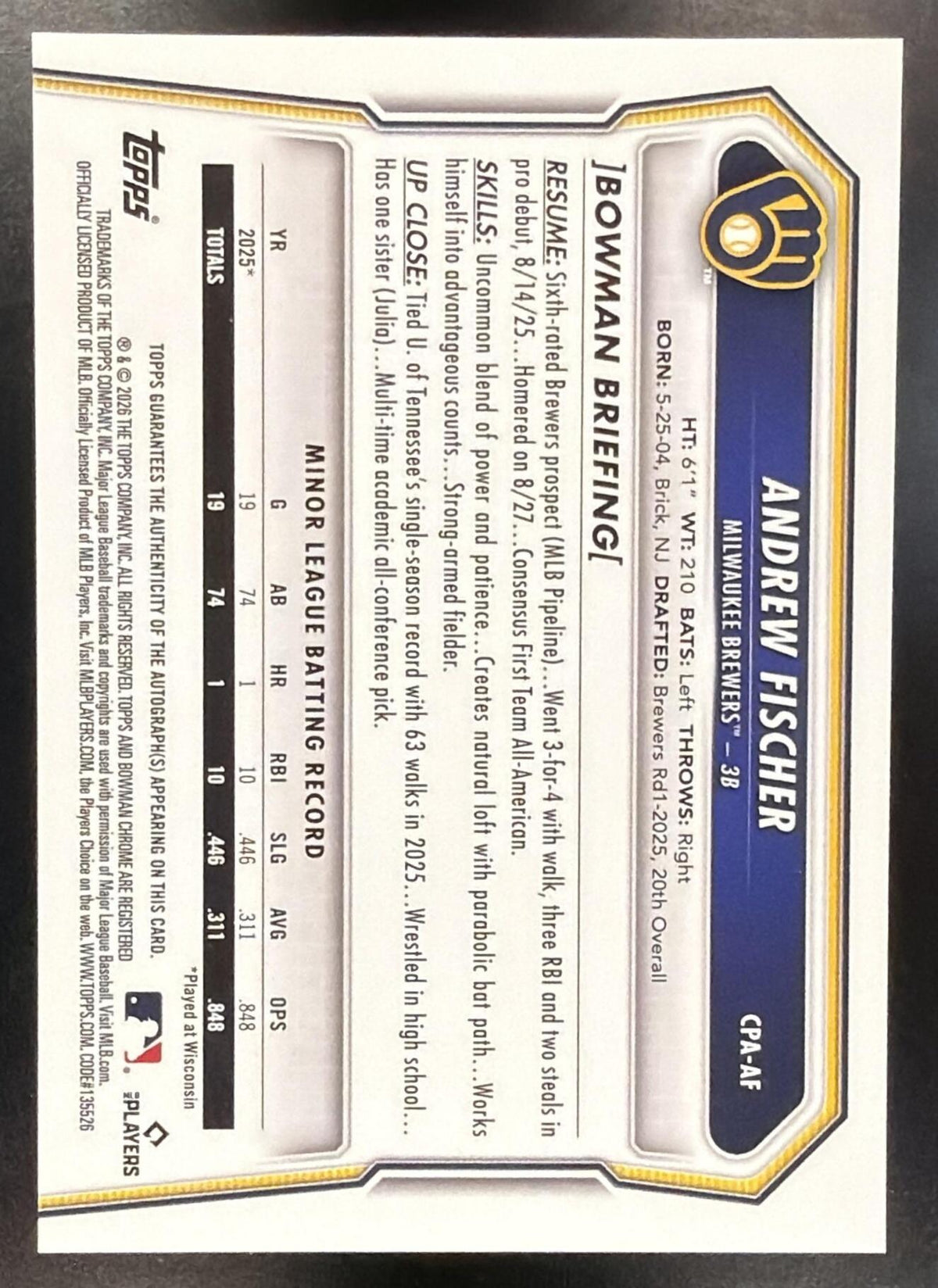 2026 Bowman Andrew Fischer #CPA-AF Chrome Auto 1st Prospect Brewers