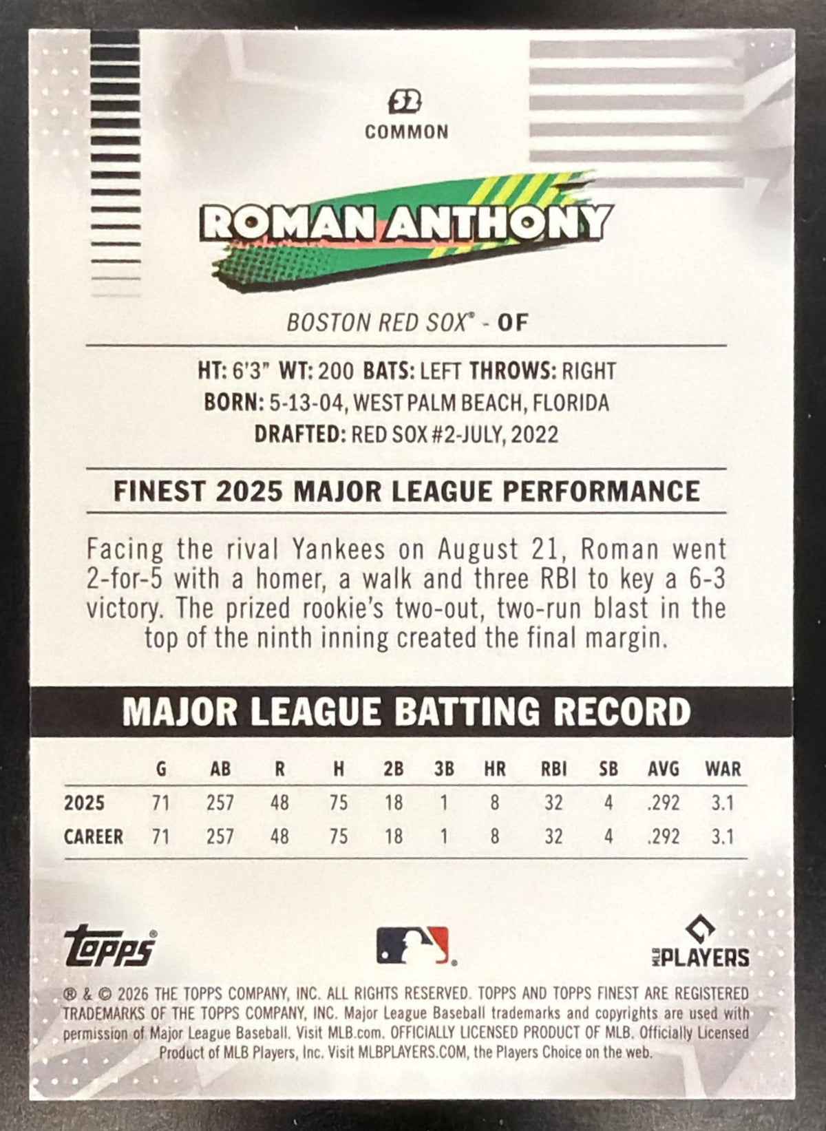2026 Topps Finest Roman Anthony #52 Putple Geometriv Refractor 56/75 RC