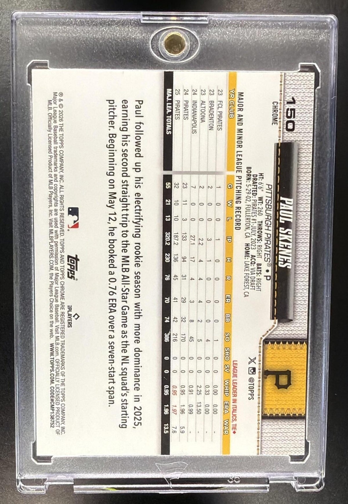 2026 Topps Chrome Paul Skenes #150 Image Variation Sapphire