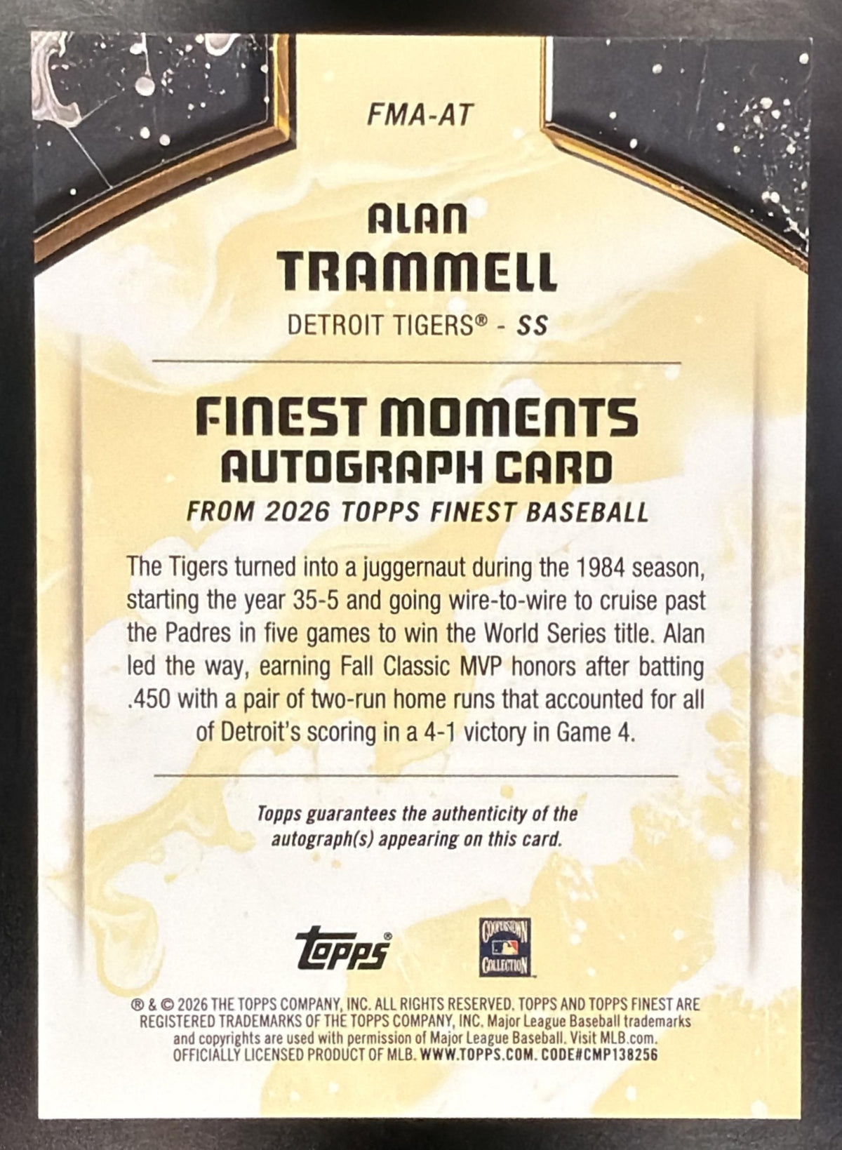 2026 Topps Finest Alan Trammell #FMA-AT Moments Auto Tie-Dye Geometric Refractor /2