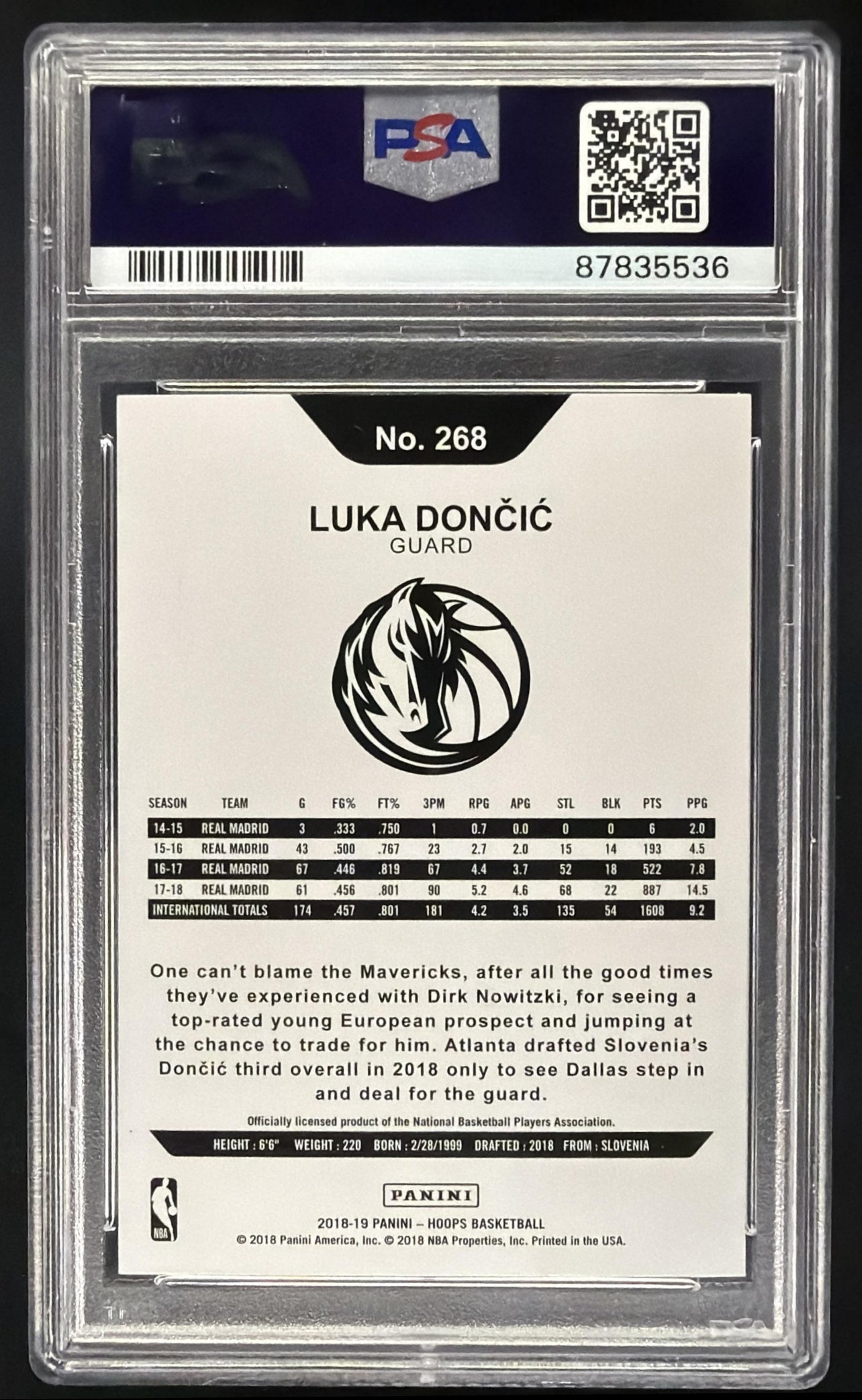 2018-19 Panini Hoops Luka Doncic #268 Blue RC PSA 9
