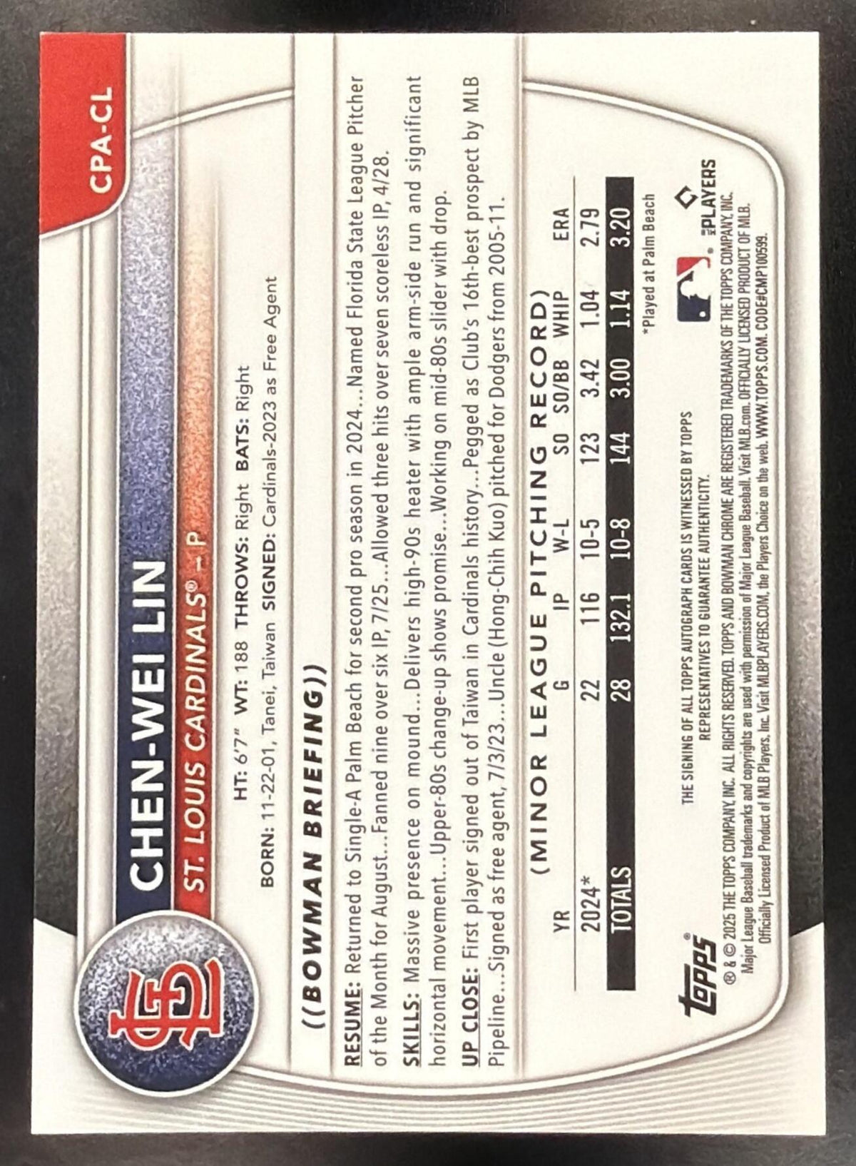 2025 Bowman Chrome Baseball Chen-Wei Lin #CPA-CL 1st Blue Refractor Auto 024/150