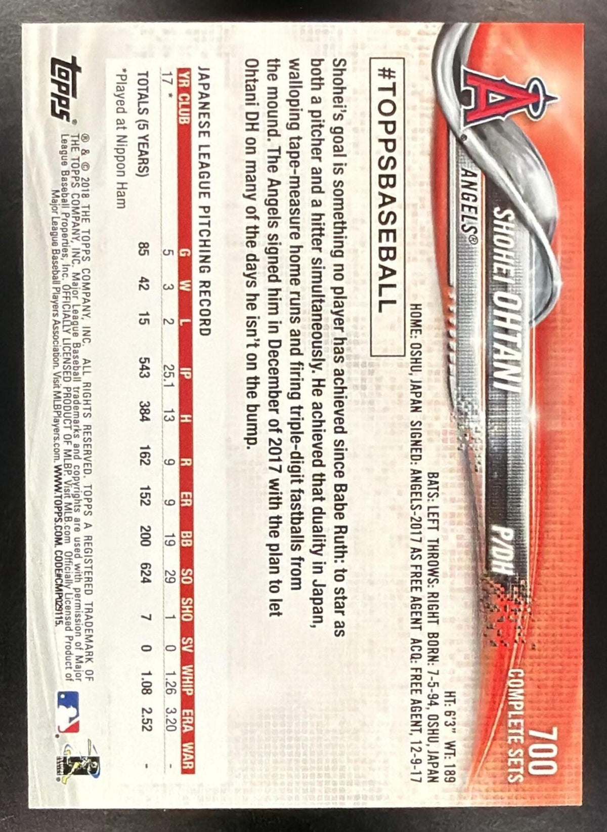 2018 Topps Shohei Ohtani #700 Rookie Image Variation Bonus RC Angels