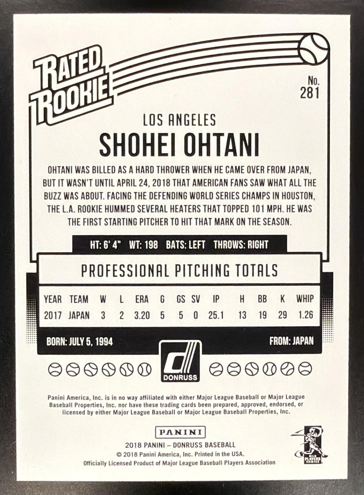 2018 Panini Donruss Shohei Ohtani #281 Rated Rookie RC