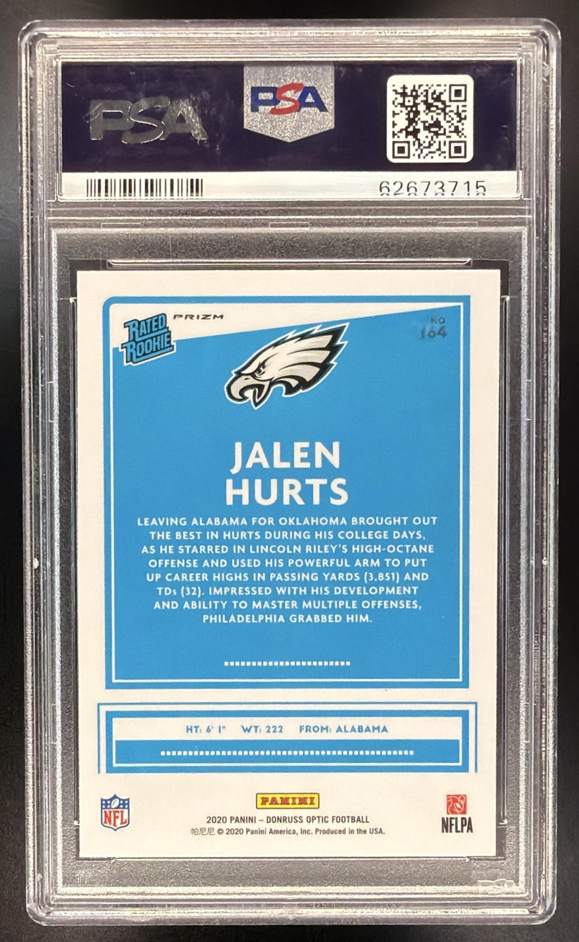 2020 Panini Donruss Optic Jalen Hurts #164 Holo Prizm RC PSA 10 Eagles
