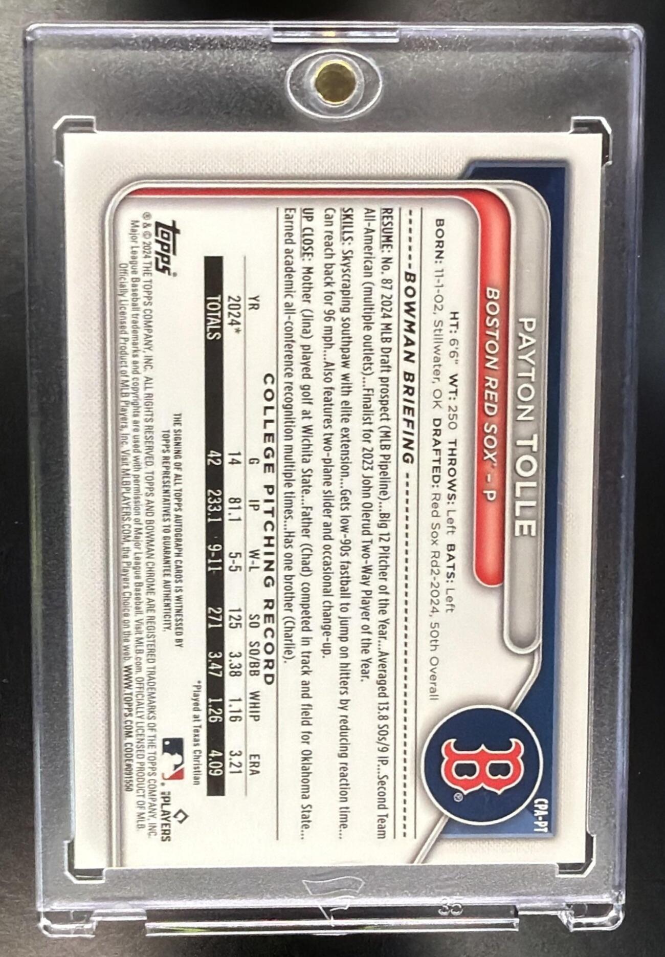 2024 Bowman Draft Payton Tolle #CPA-PT Chrome Auto 1st Prospect