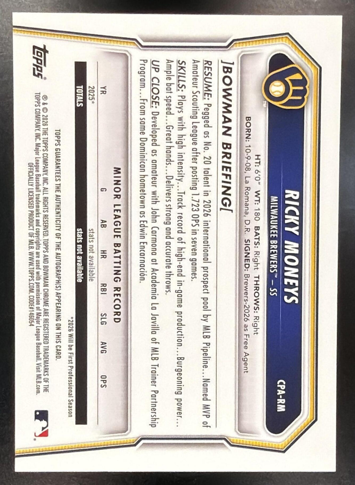 2026 Bowman Chrome Ricky Moneys #CPA-RM Auto Mini-Diamond Refractor /100 1st Prospect