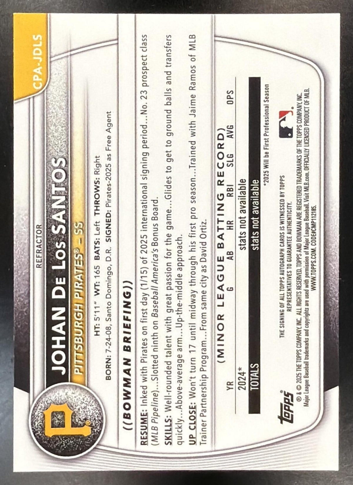2025 Bowman Chrome Johan De Los Santos #CPA-JDLS Auto Refractor 196/499 1st Prospect