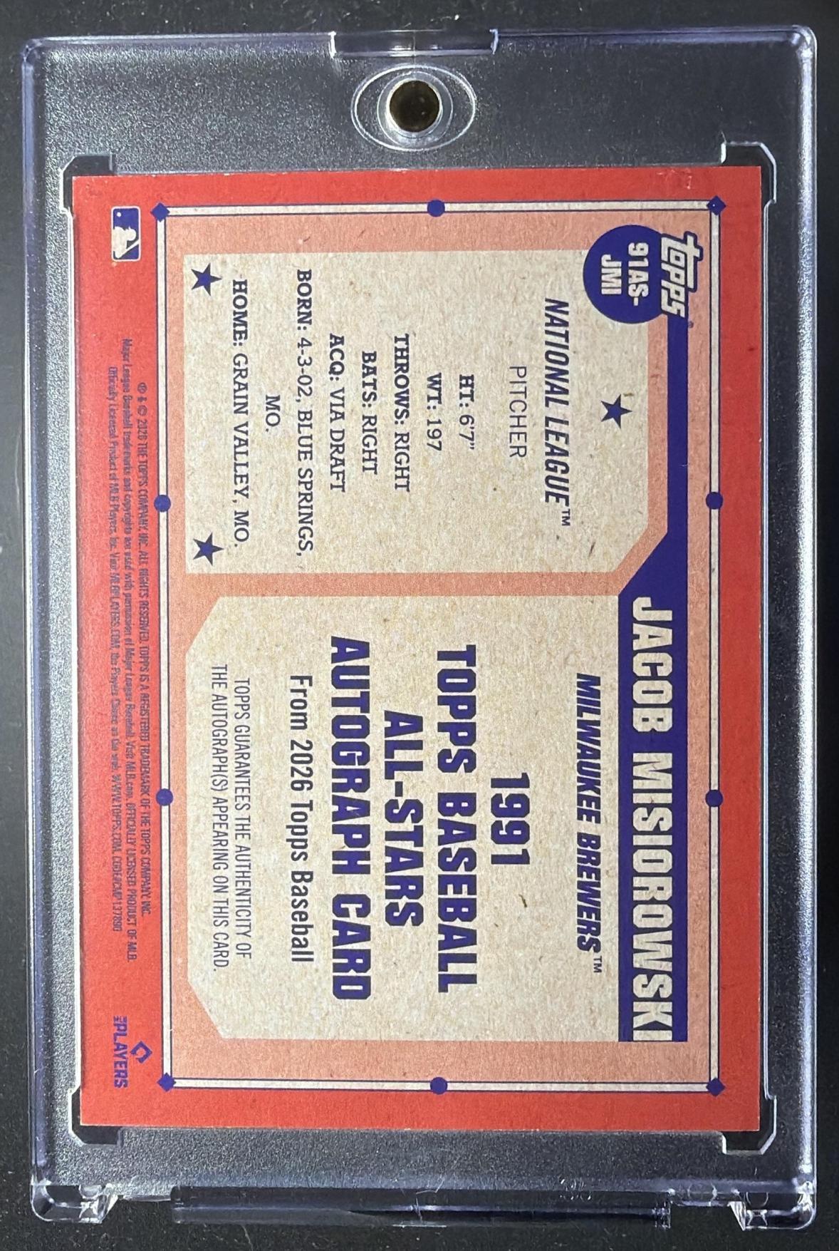2026 Topps Series 2 Jacob Misiorowski #91AS-JMI 1991 All-Star Auto Blue /150 RC