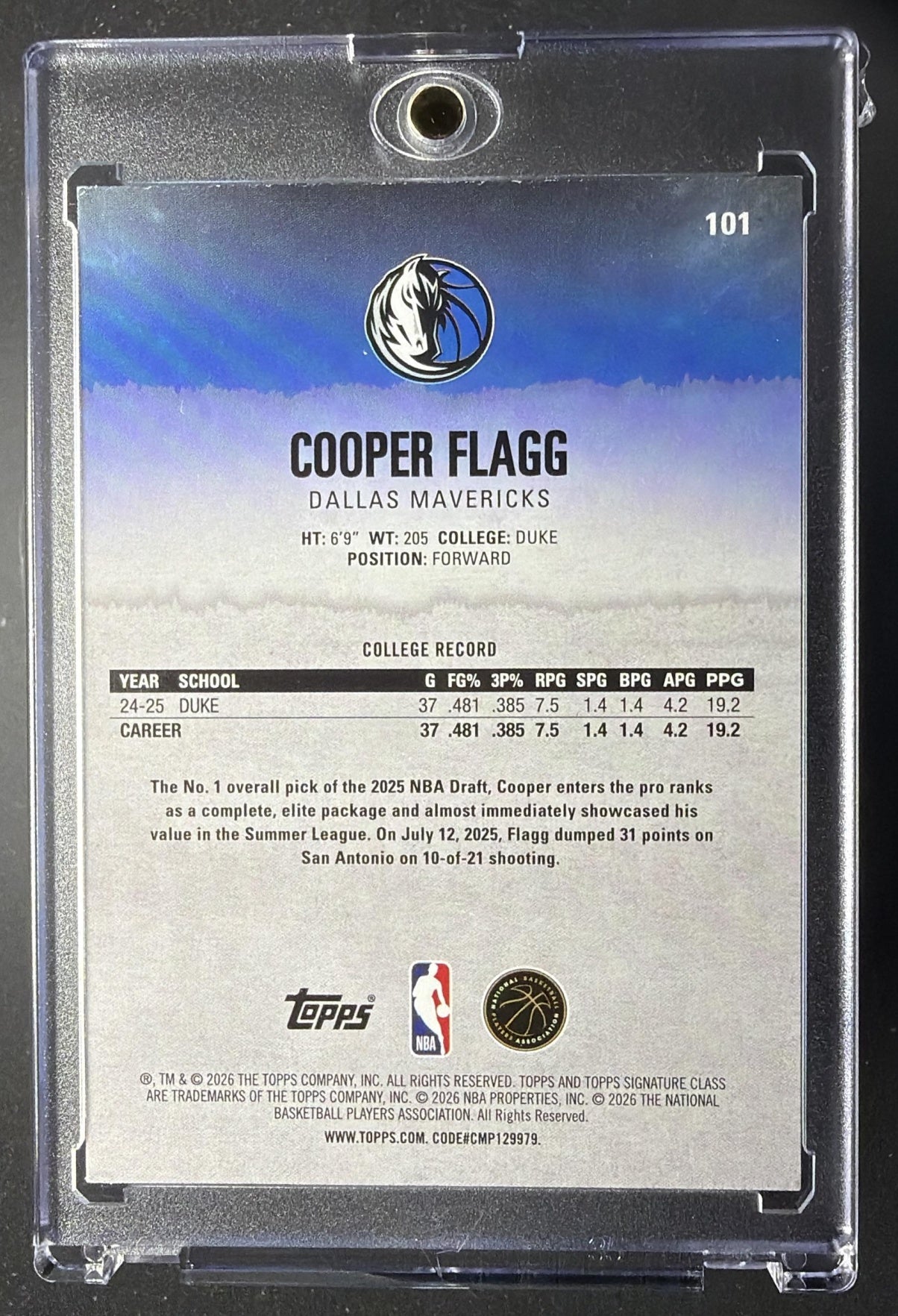 2025-26 Topps Signature Class Cooper Flagg #101 Rookie Magenta Foil /250 RC