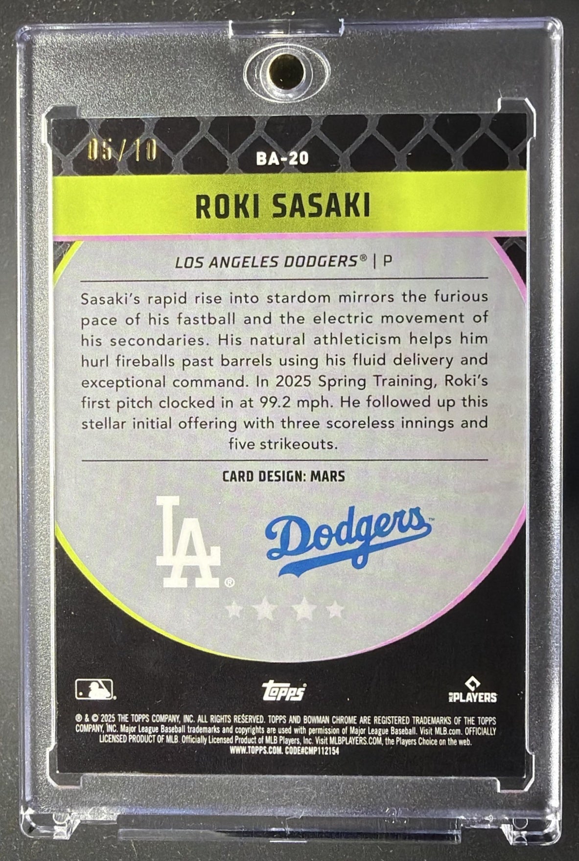 2025 Bowman Chrome Roki Sasaki #BA-20 Ascensions Black Refractor 5/10 RC
