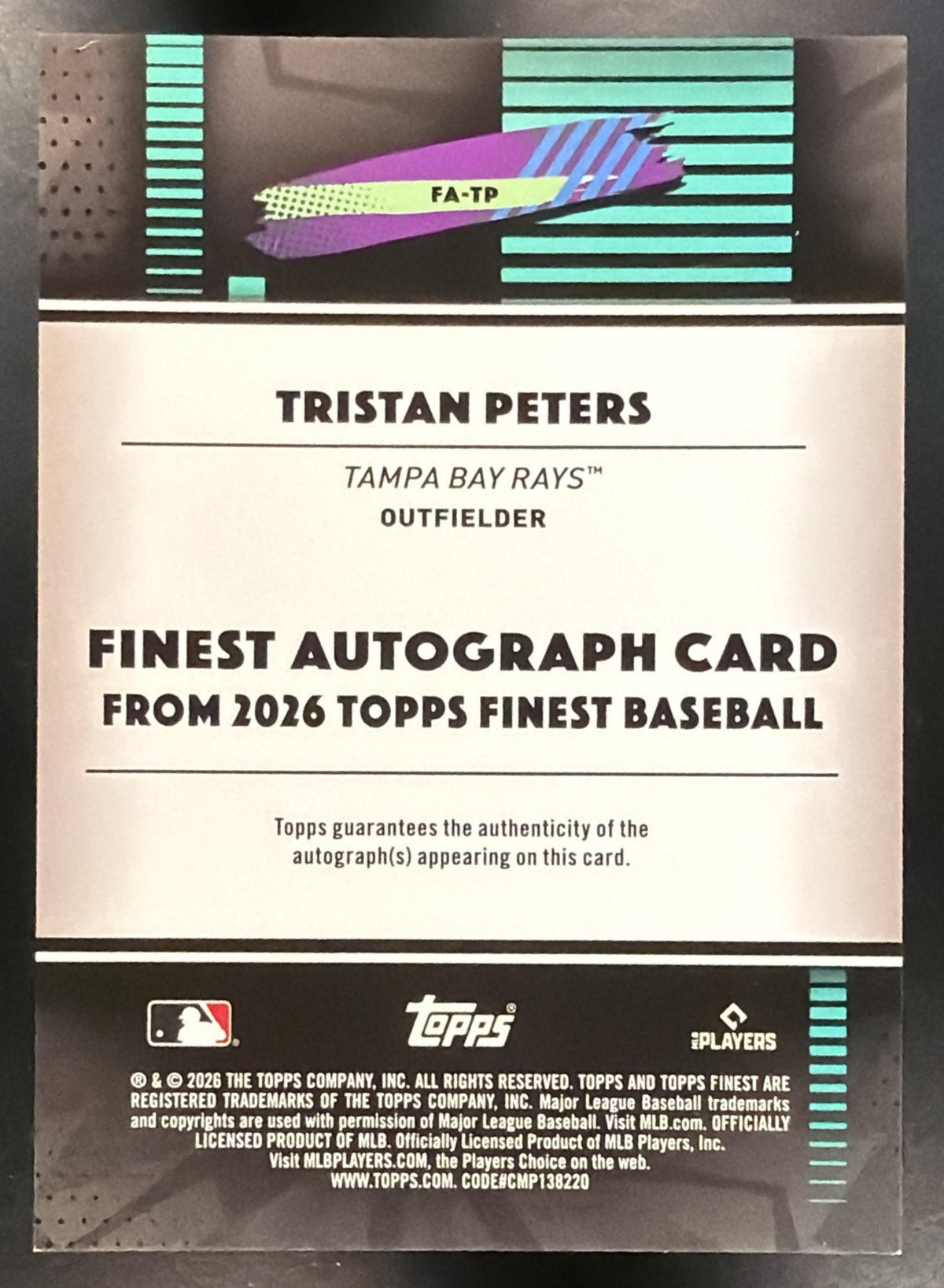 2026 Topps Finest Tristan Peters #FA-TP Auto Orange Geometric Refractor 14/25 RC