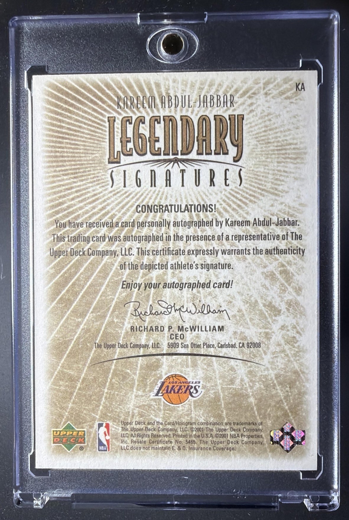 2000-01 Upper Deck Legends Kareem Abdul-Jabbar #KA Legendary Signatures Auto