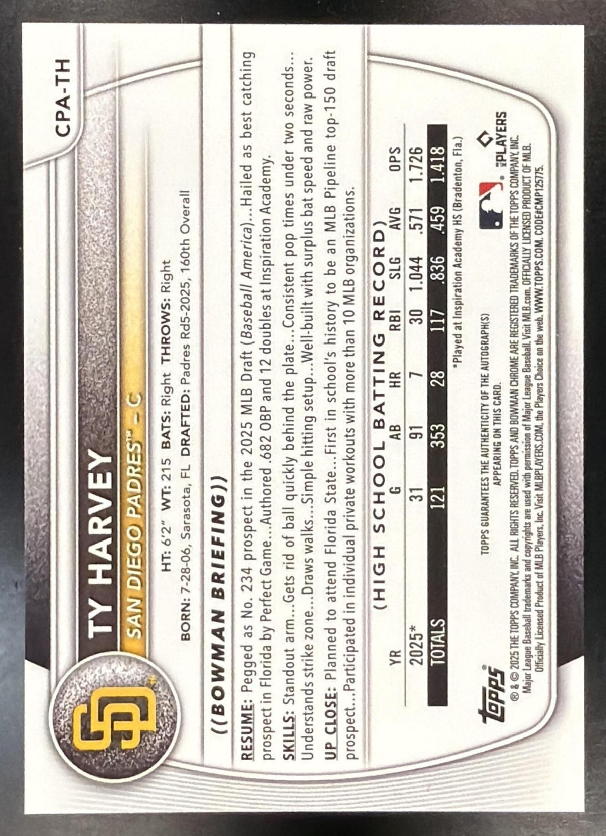 2025 Bowman Draft Ty Harvey #CPA-TH Chrome Auto Blue Wave Refractor 56/150 1st Prospect