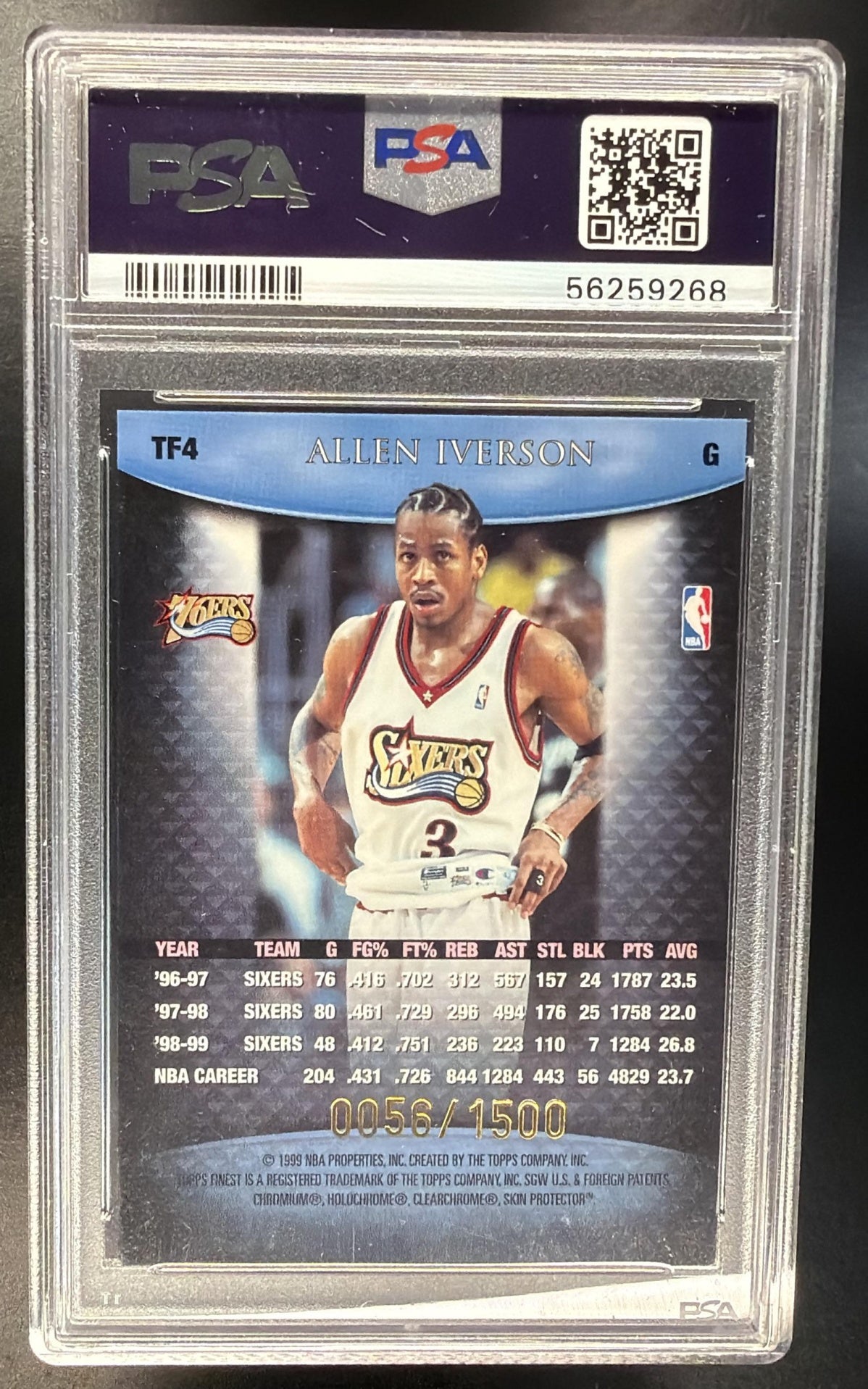 1999-00 Topps Finest Allen Iverson #TF4 Team Blue 56/1500 PSA 9