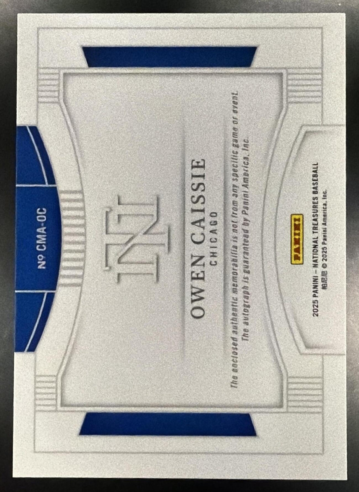 2025 Panini National Treasures Owen Caissie #35 Colossal Material Auto Holo Silver 13/25