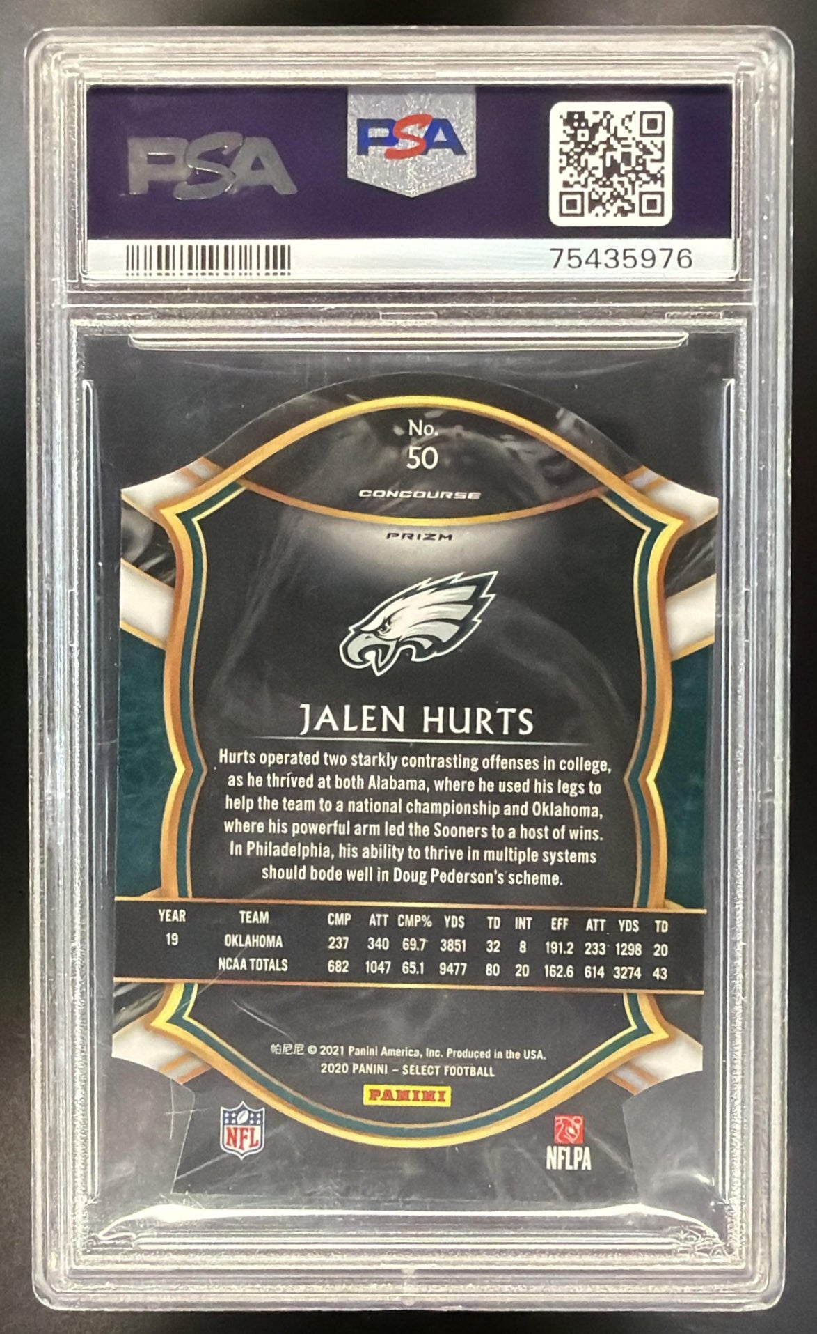 2020 Panini Select Jalen Hurts #50 Tri Color Prizm Die Cut RC Concourse PSA 10 Eagles