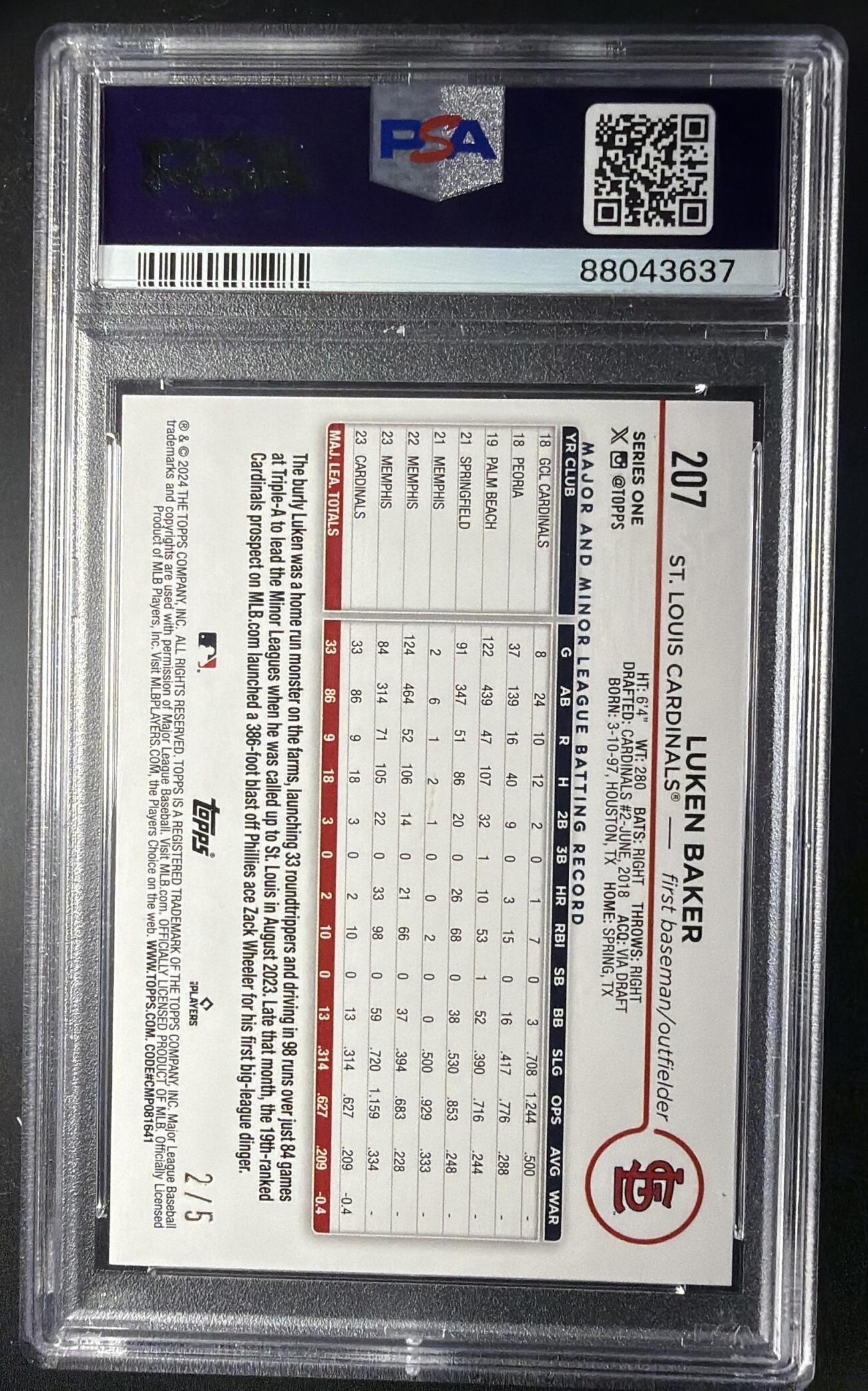 2024 Topps Luken Baker #207 Holiday Watering Cans 2/5 RC PSA 9