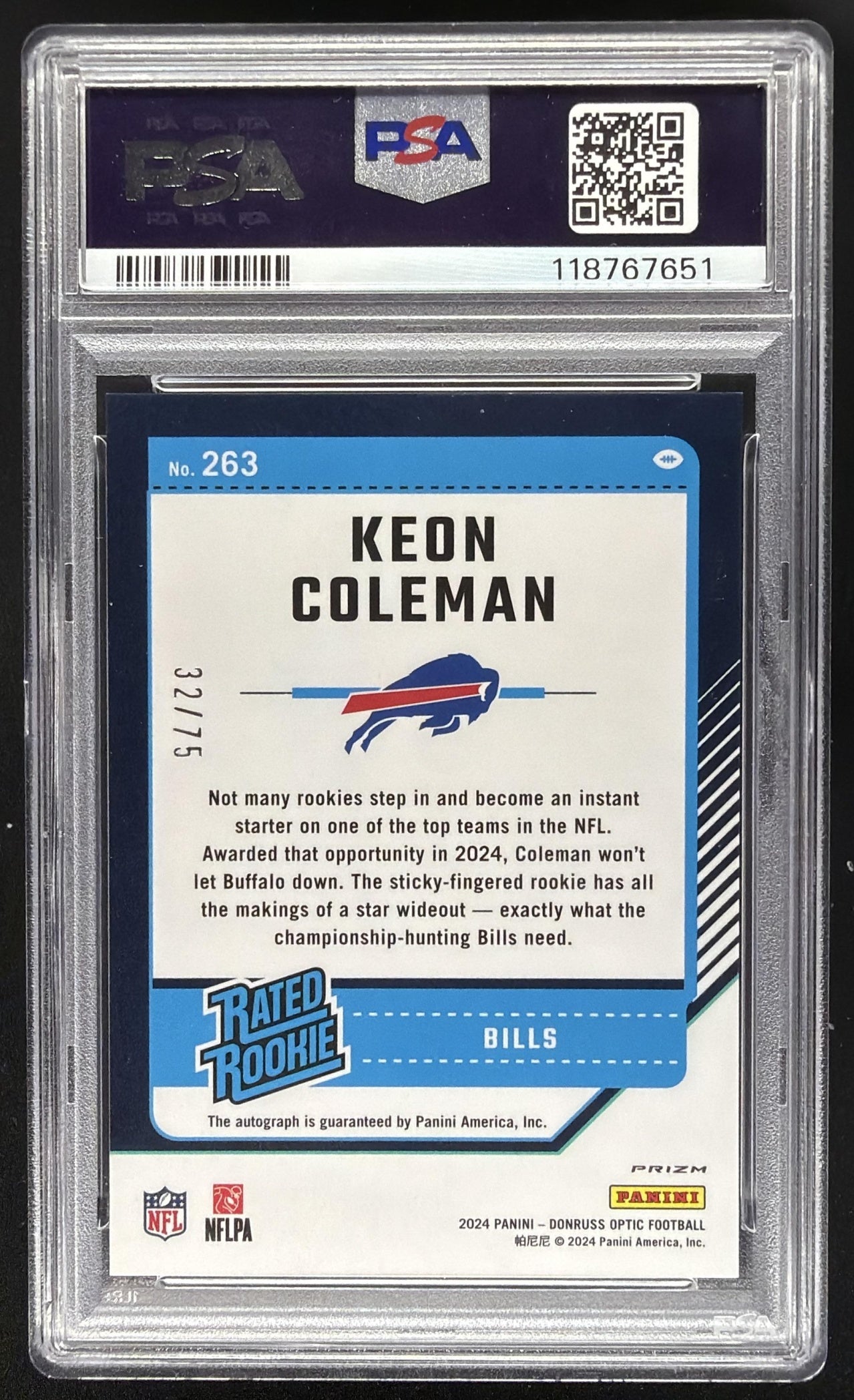 2024 Panini Donruss Optic Keon Coleman #263 Rated Rookie RPS Auto Red /75 PSA 10