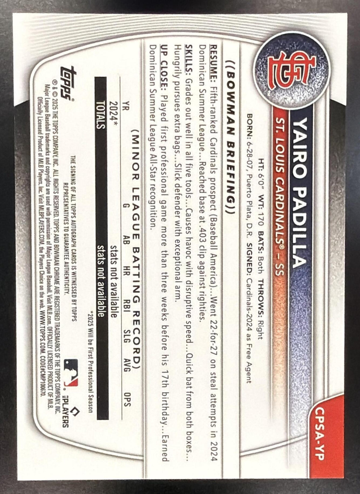 2025 Bowman Chrome Sapphire Yairo Padilla #CPSA-YP Auto /199 1st Prospect