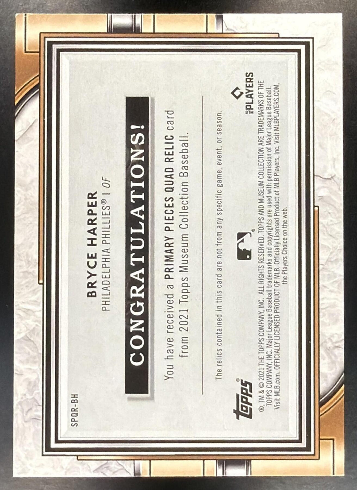 2021 Topps Museum Collection Bryce Harper #SPQR-BH Single-Player Primary Pieces Quad Relics Gold 23/25 MEM