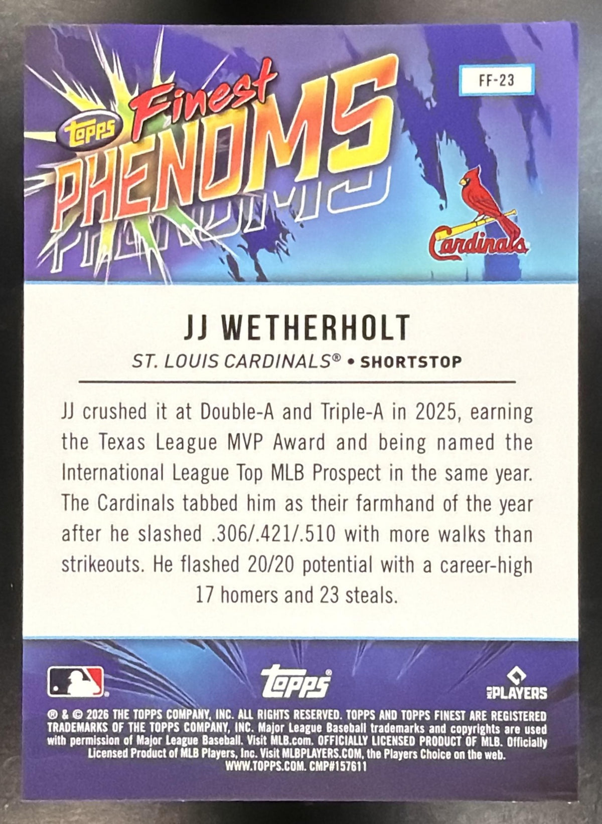 2026 Topps Finest JJ Wetherholt #FF-23 Phenoms Geometric Refractor RC