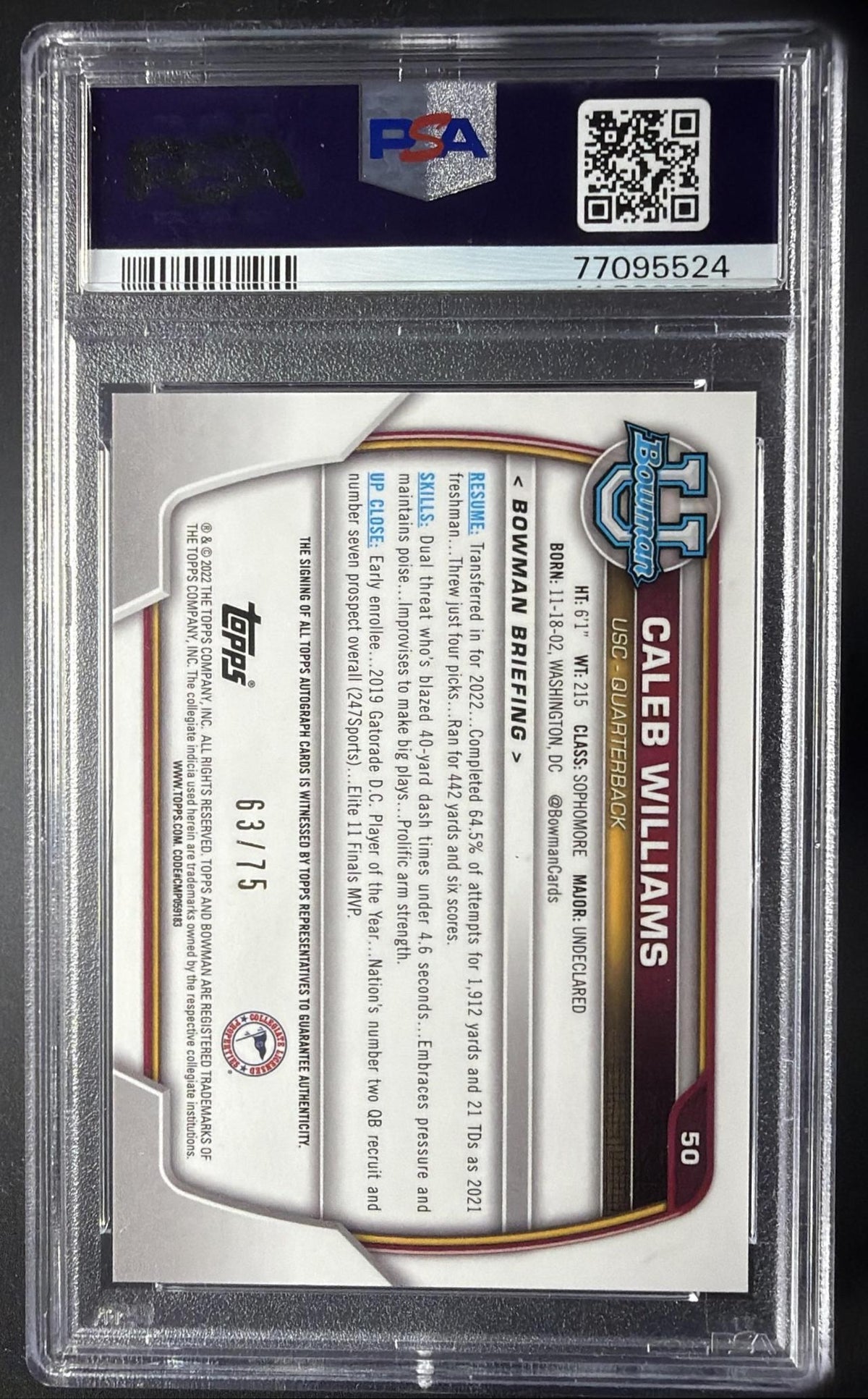 2022 Bowman University Chrome Caleb Williams #50 Prospect Auto Yellow Refractor /75 PSA 10