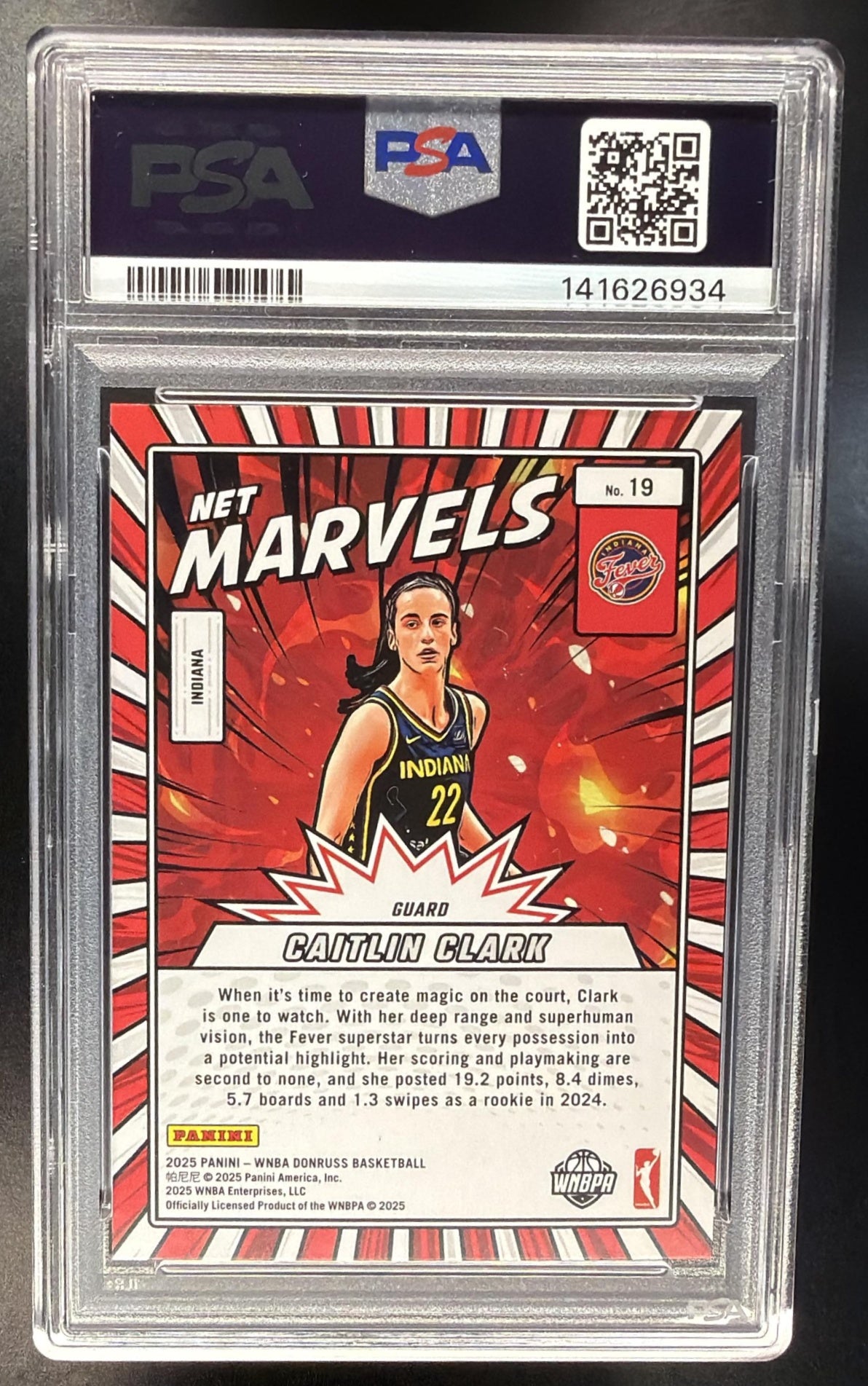 2025 Panini Donruss WNBA Caitlin Clark #19 Net Marvels Press Proof Purple PSA 9