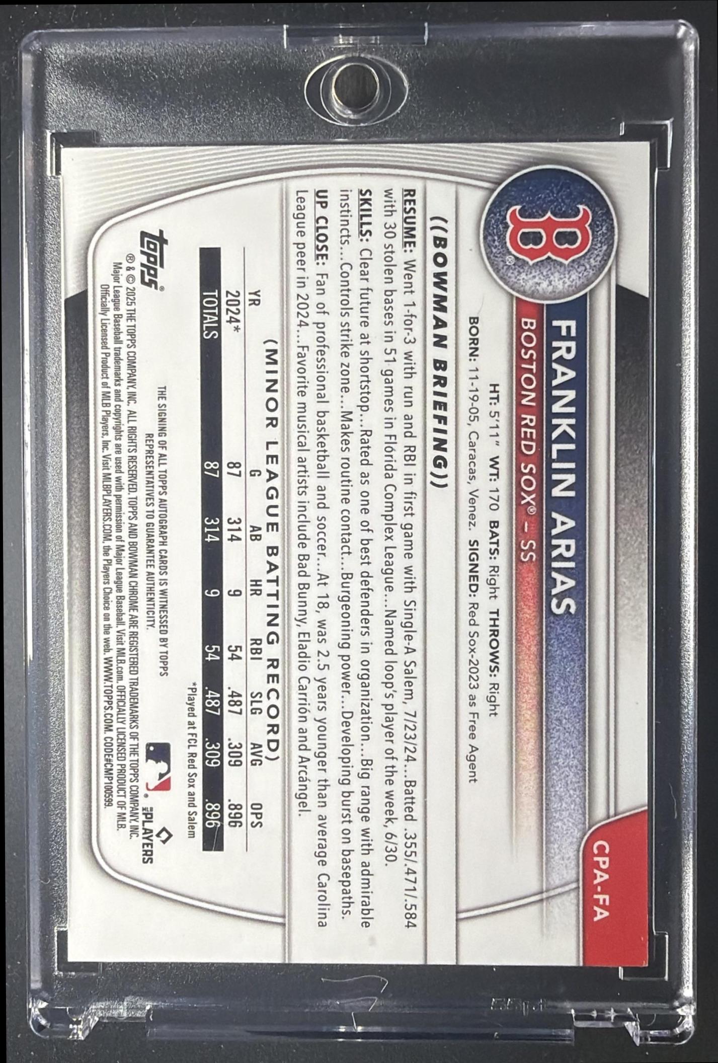 2025 Bowman Franklin Arias #CPA-FA Chrome Auto Blue Refractor /150 1st Prospect