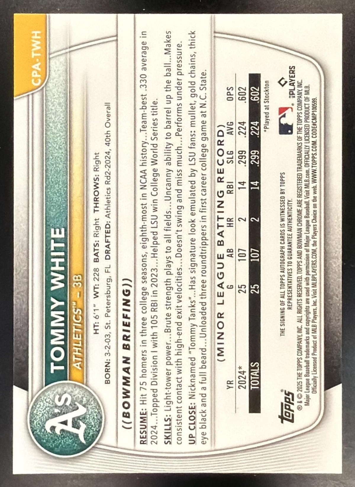 2025 Bowman Chrome Tommy White #CPA-TWH Auto HTA Choice Refractor 22/150 1st Prospect