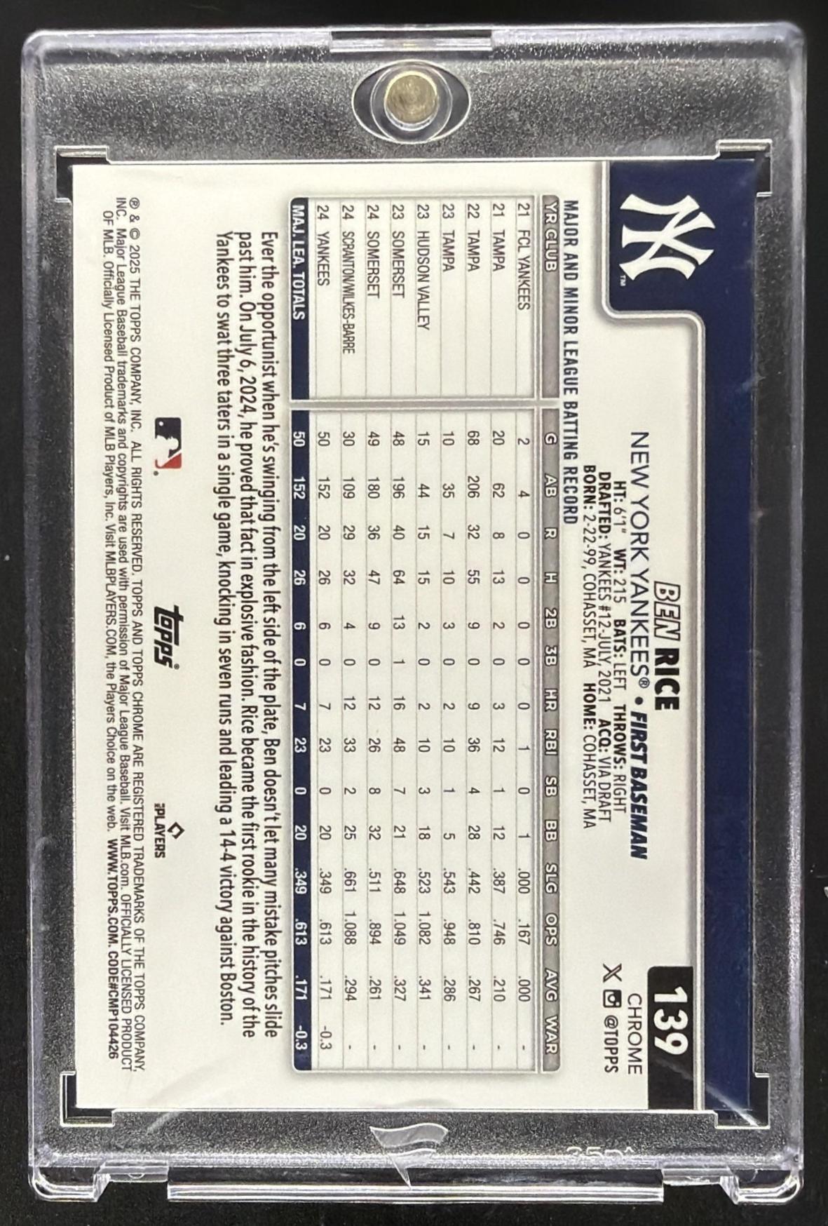 2025 Topps Chrome Ben Rice #139 Green Logofractor 50/99 RC
