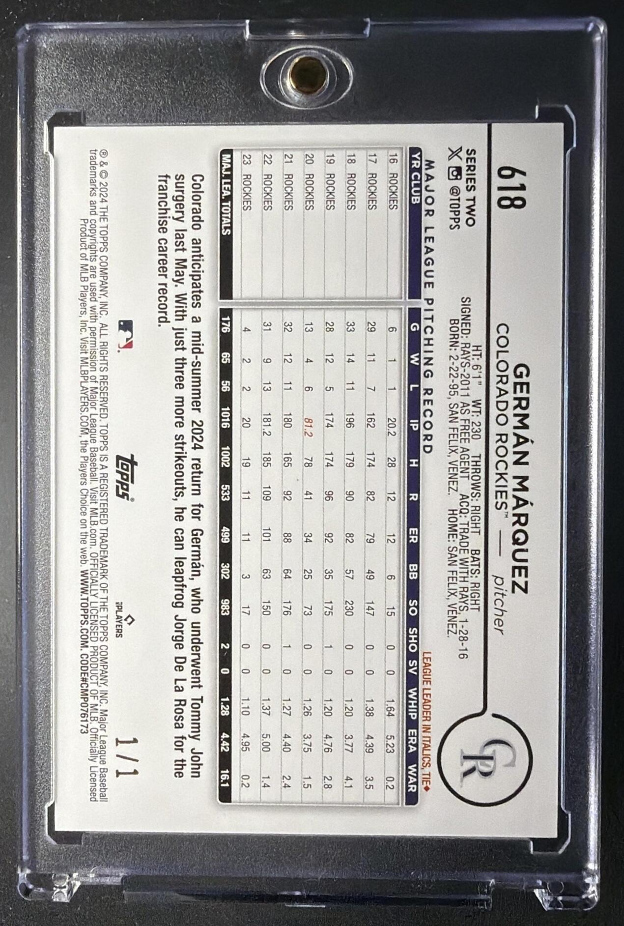 2024 Topps German Marquez #618 First Card 1/1