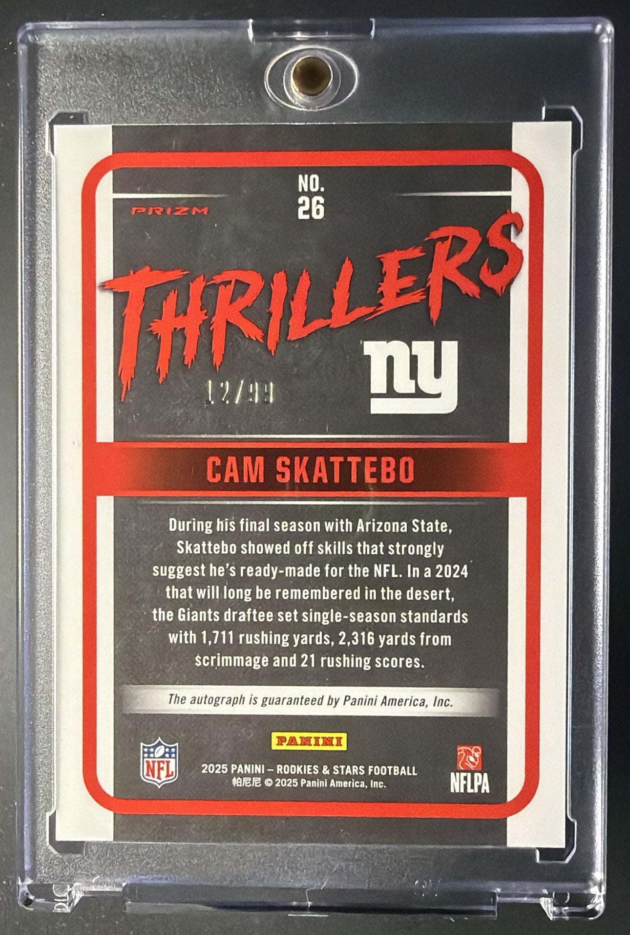 2025 Panini Rookies & Stars Cam Skattebo #26 Thrillers Signatures 12/99 RC Auto