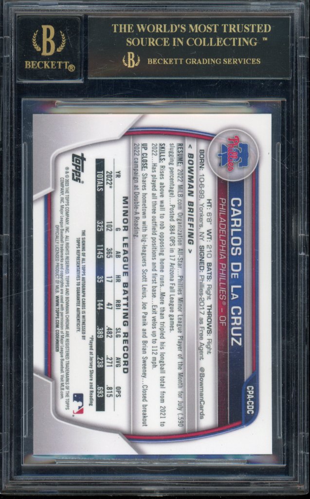 2023 Bowman Chrome Carlos De La Cruz Blue Raywave Auto /150 Black Label BGS 10