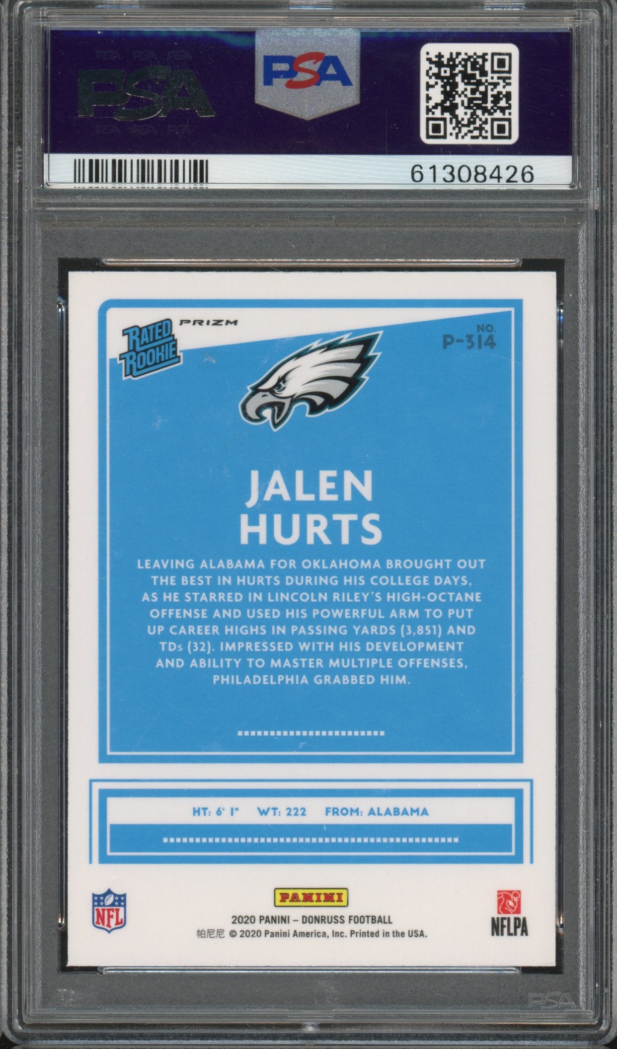 2020 Donruss Optic Preview Jalen Hurts Red Green Preview PSA 9 RC