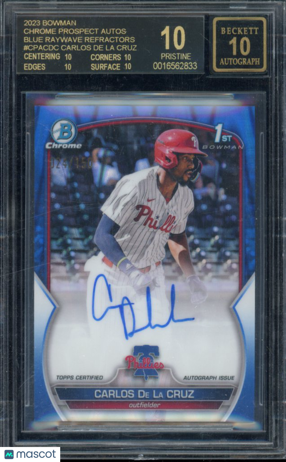 2023 Bowman Chrome Carlos De La Cruz Blue Raywave Auto /150 Black Label BGS 10