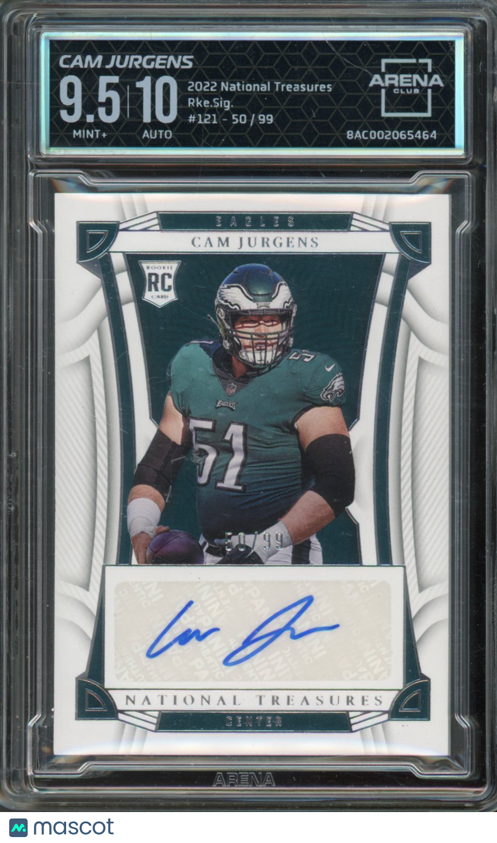 2022 National Treasures Cam Jurgens Auto /99 Arena Club 9.5 Auto 10 RC