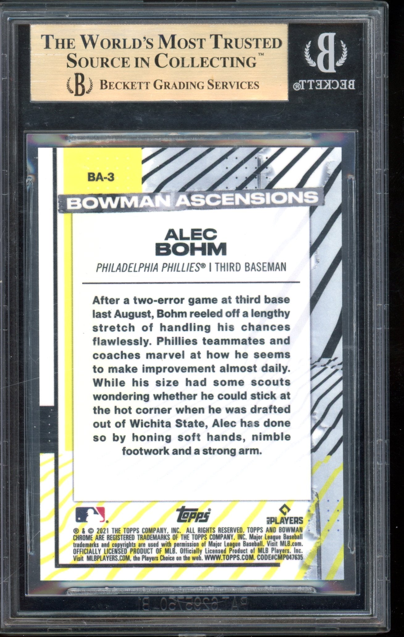 2021 Bowman Chrome Alec Bohm Ascensions Superfractor 1/1 BGS 9.5 RC