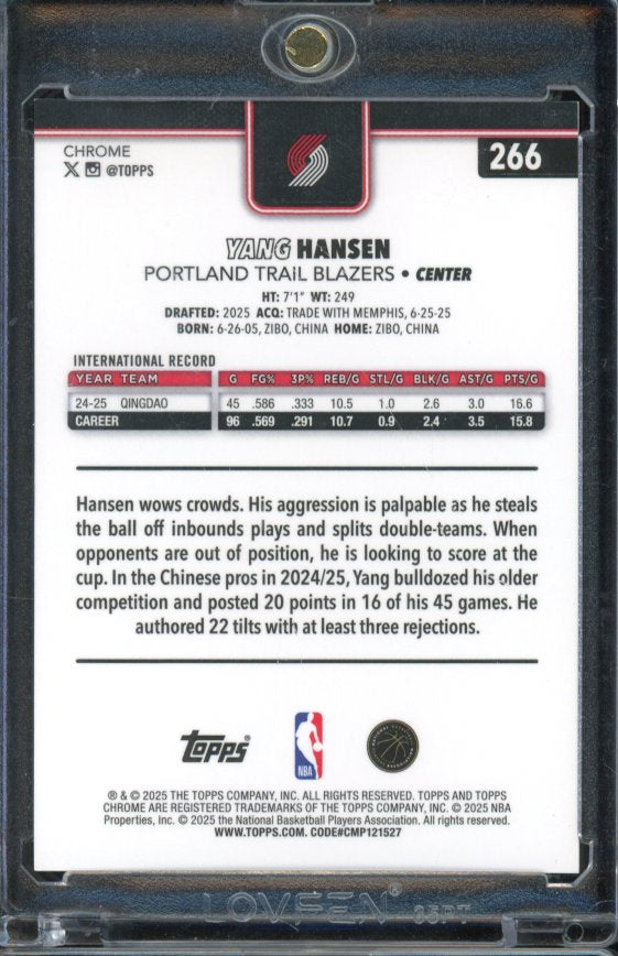 2025-26 Topps Chrome Yang Hansen Gold Wave Rookie /50