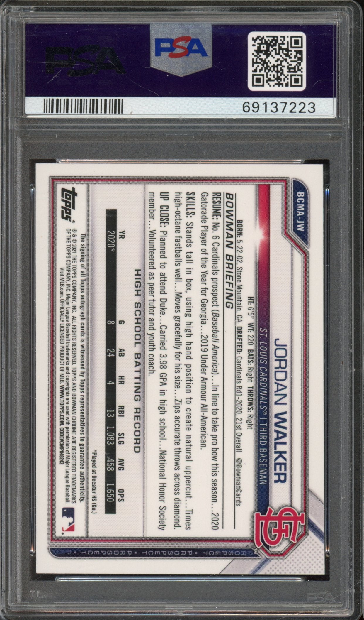 2021 Bowman Chrome Mega Box Jordan Walker Auto PSA 10