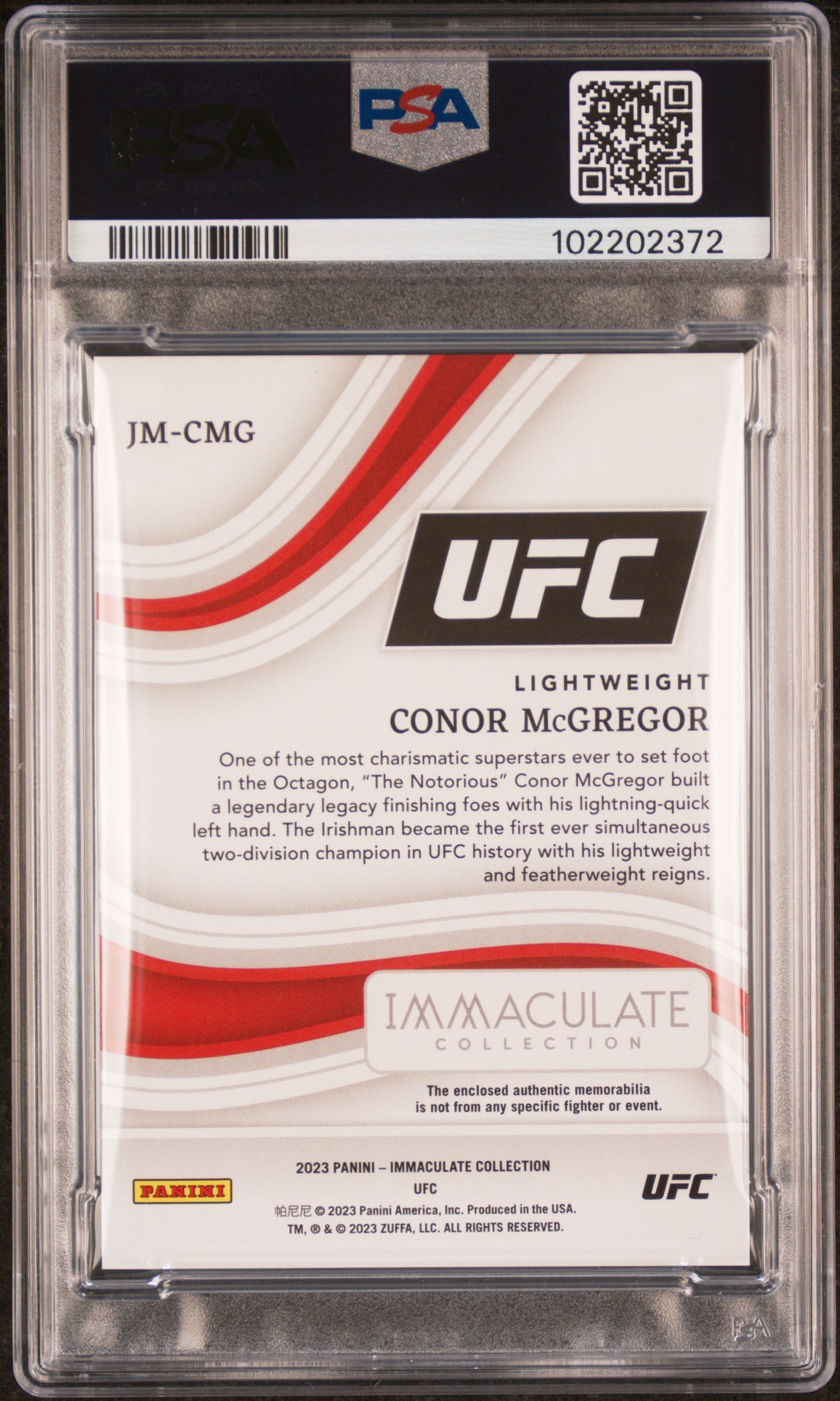 2023 Immaculate Conor Mcgregor Jumbo Mem Hoodie /10 Patch PSA 8