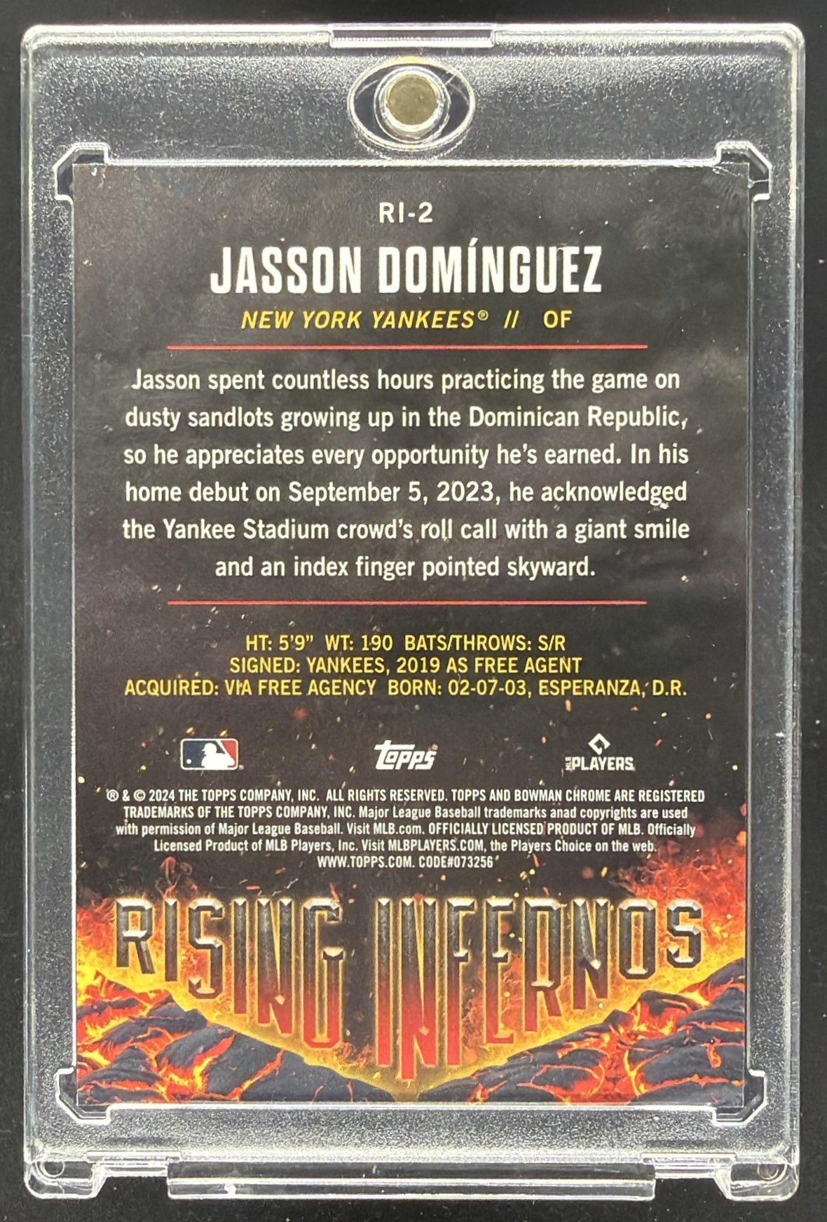 2024 Bowman Jasson Dominguez #RI-2 Rising Infernos Chrome Orange Refractor /25 RC