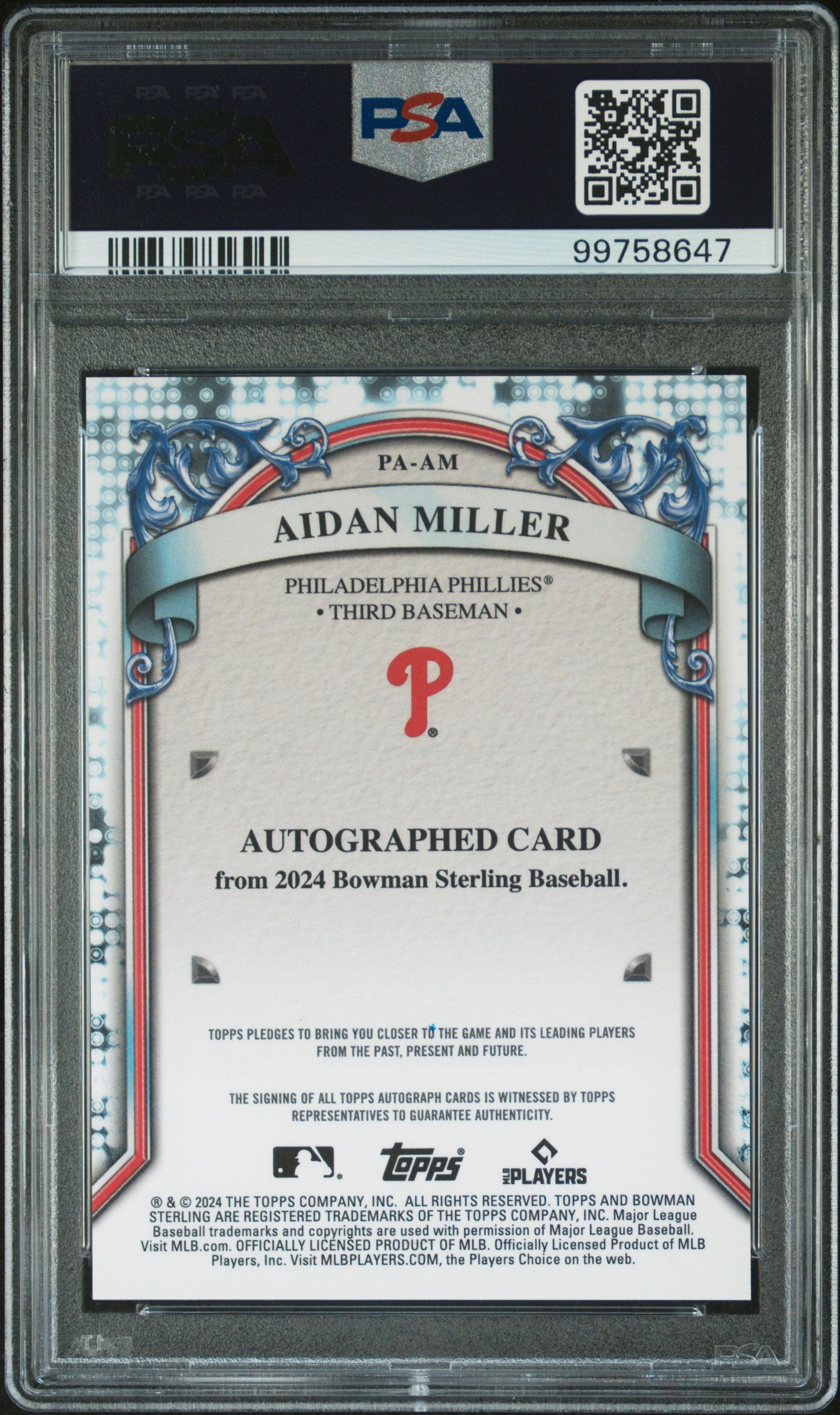 2024 Bowman Sterling Aidan Miller #PA-AM Prospect Auto PSA 10