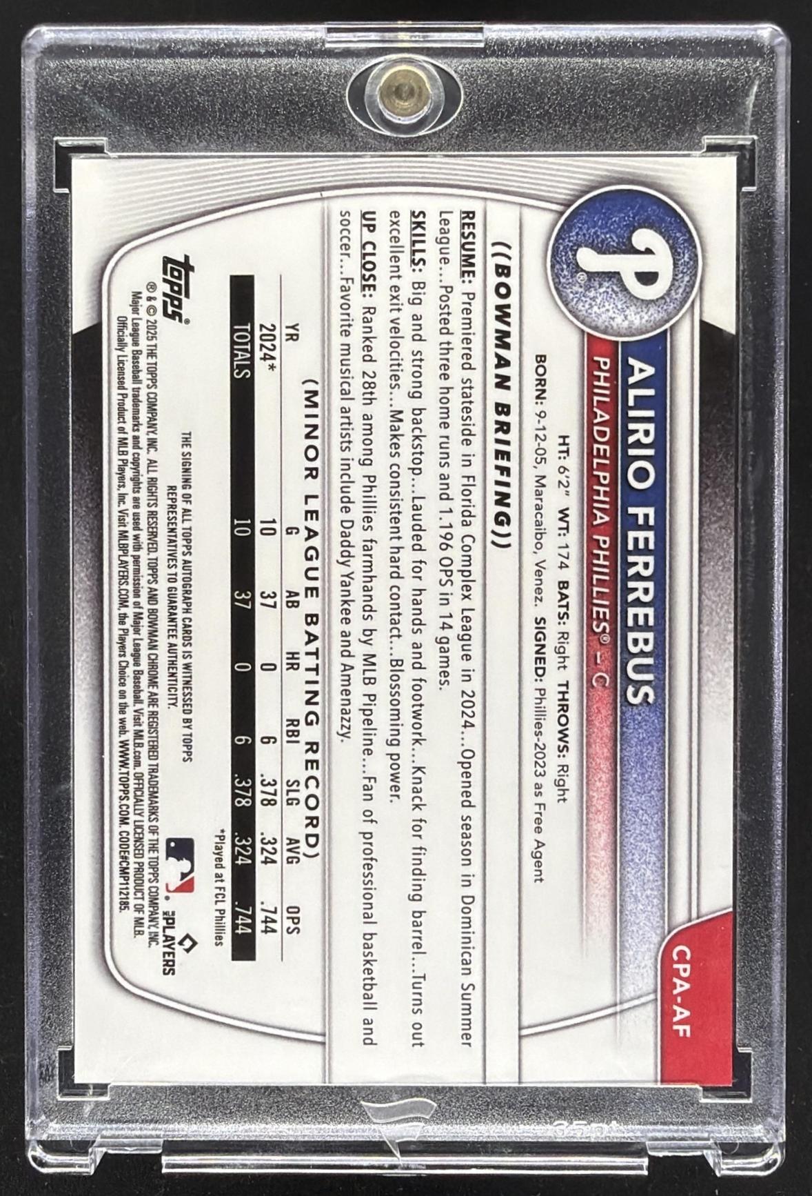 2025 Bowman Chrome Alirio Ferrebus #CPA-AF Auto 1st Prospect Green /99